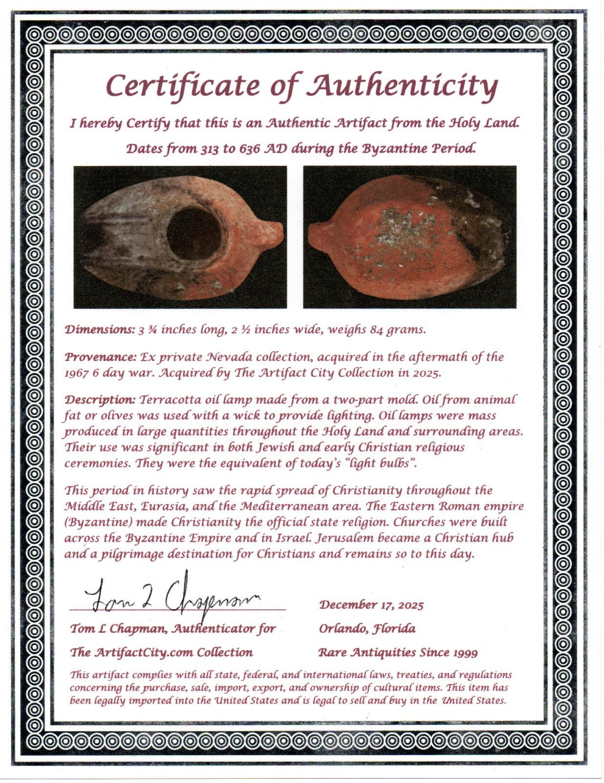 Holy Land Oil Lamp Ancient Artifact Time of the Christians 313-636 AD COA 48
