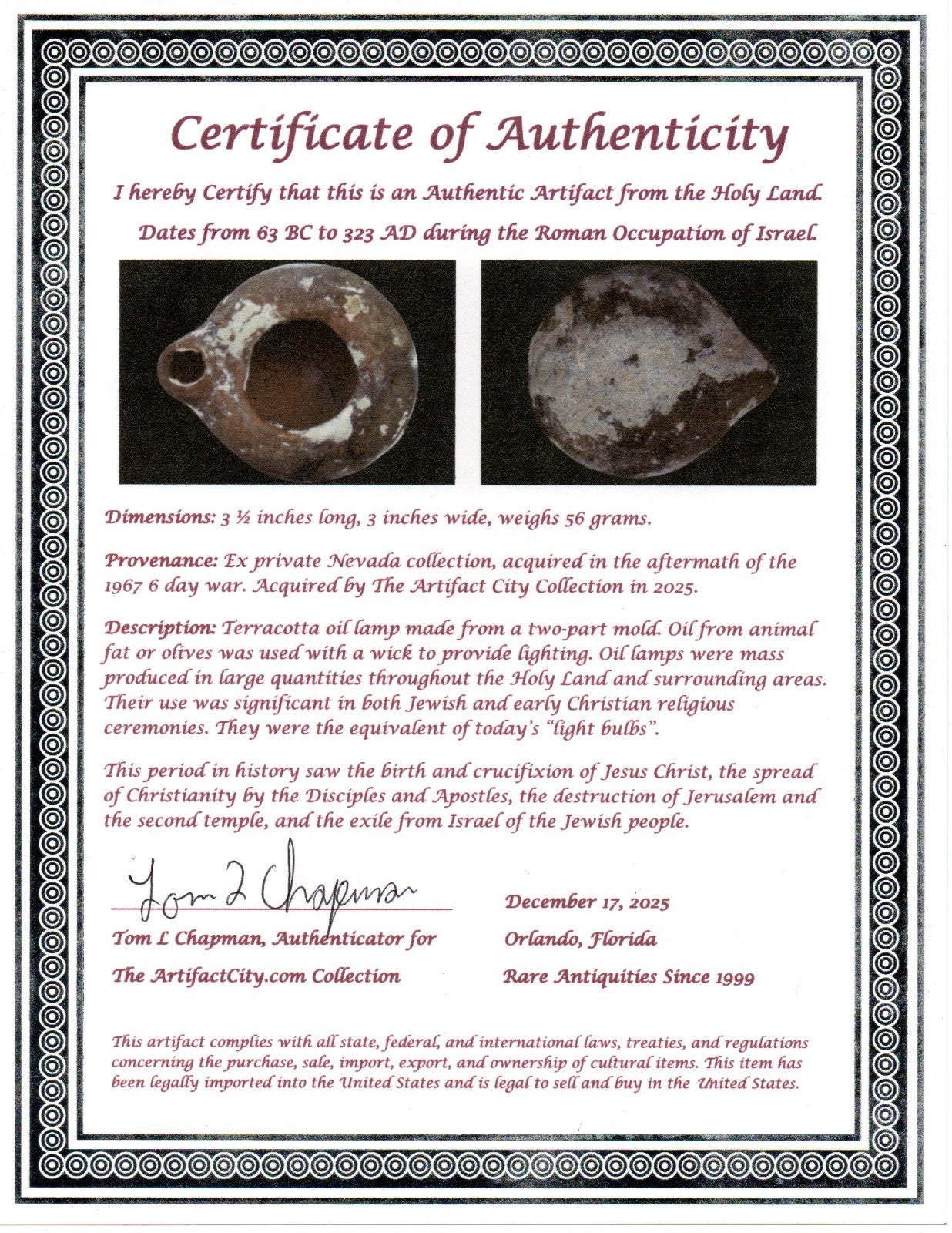 Holy Land Oil Lamp Ancient Artifact Time of Jesus & Apostles 63BC-323AD COA 165