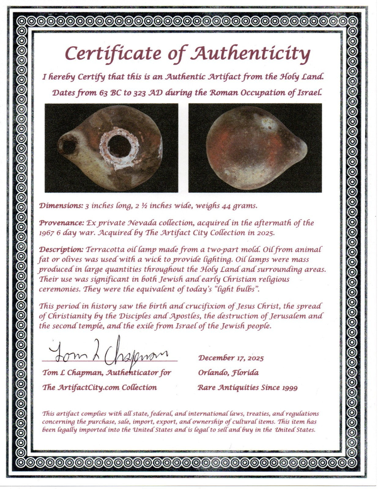 Holy Land Oil Lamp Ancient Artifact Time of Jesus & Apostles 63BC-323AD COA 156