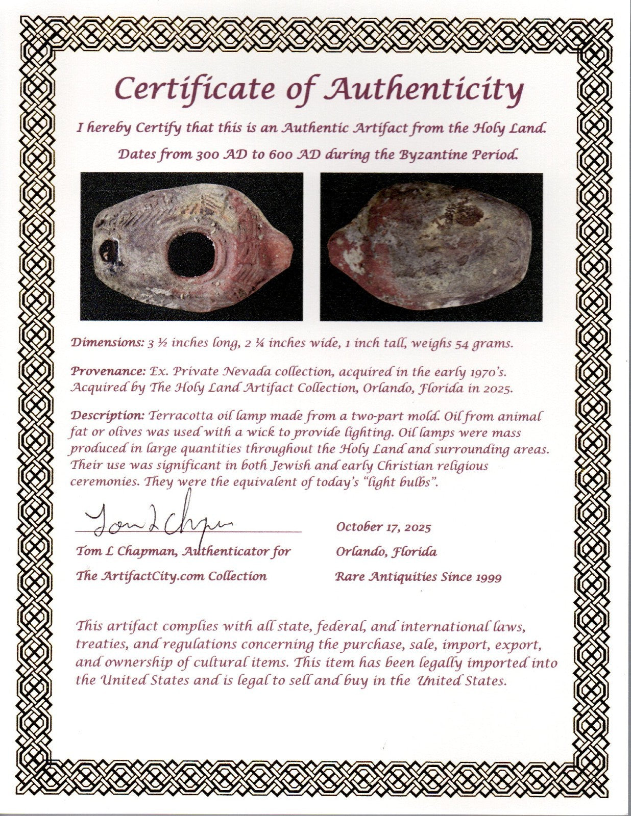 Oil Lamp Holy Land Ancient Artifact Jesus Christ Home Israel 300-600 AD COA 120