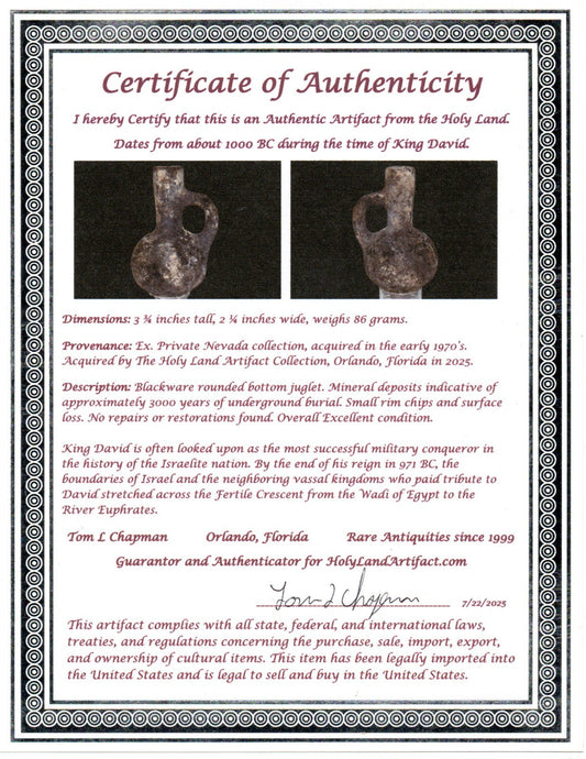 Ancient Holy Land Artifact Time of King David Small Black Jugglet 1000 BC COA 05