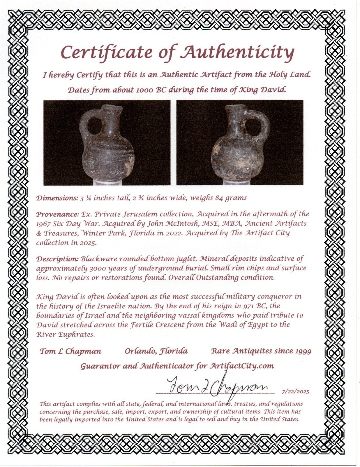 Ancient Holy Land Jugglet Artifact 3000 Year Old King David Era 1000BC COA J132