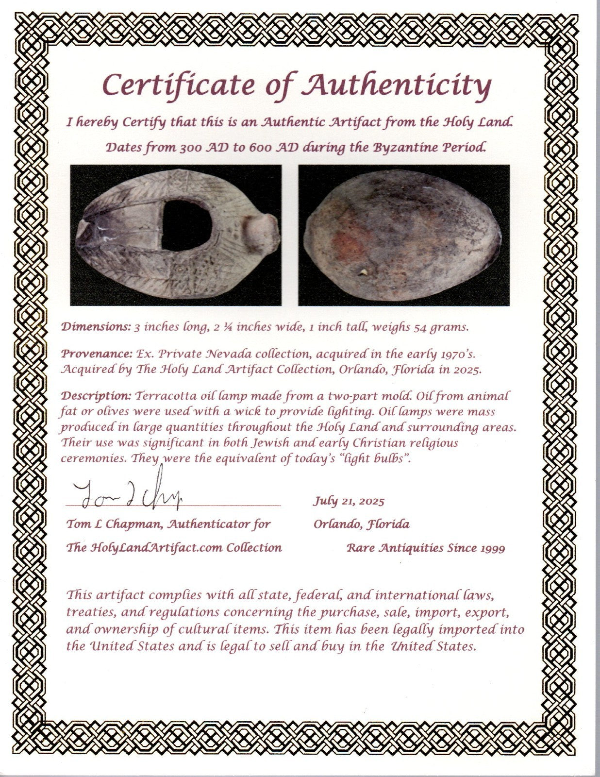 Oil Lamp Holy Land Ancient Artifact Jesus Christ Home Israel 300-600 AD COA 84