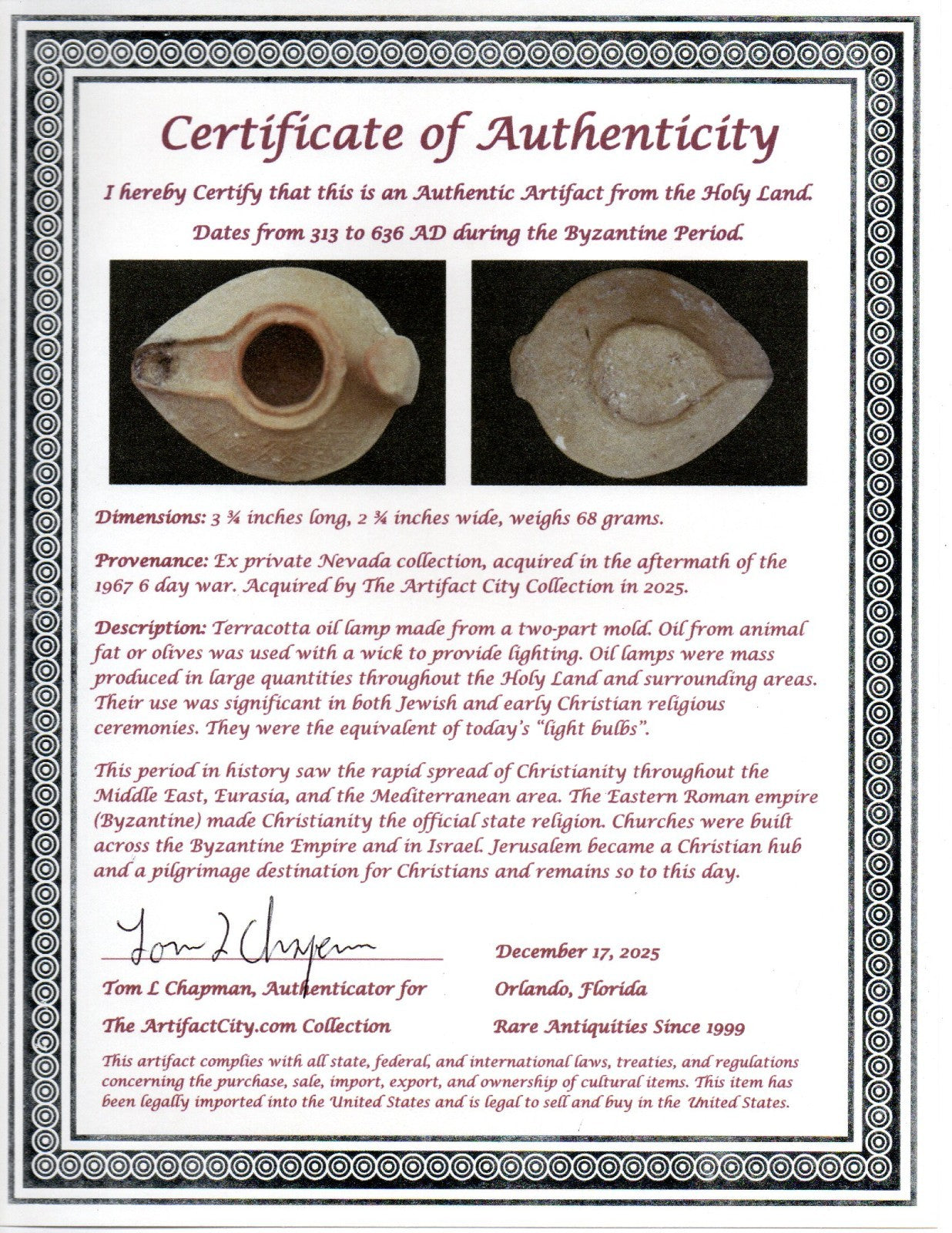 Holy Land Oil Lamp Ancient Artifact Time of the Christians 313-636 AD COA 183