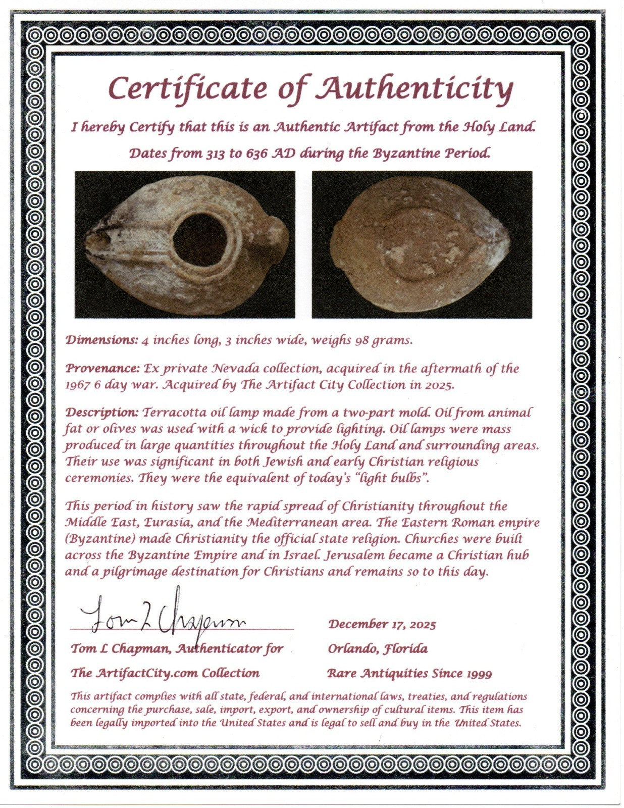 Holy Land Oil Lamp Ancient Artifact Time of the Christians 313-636 AD COA 204