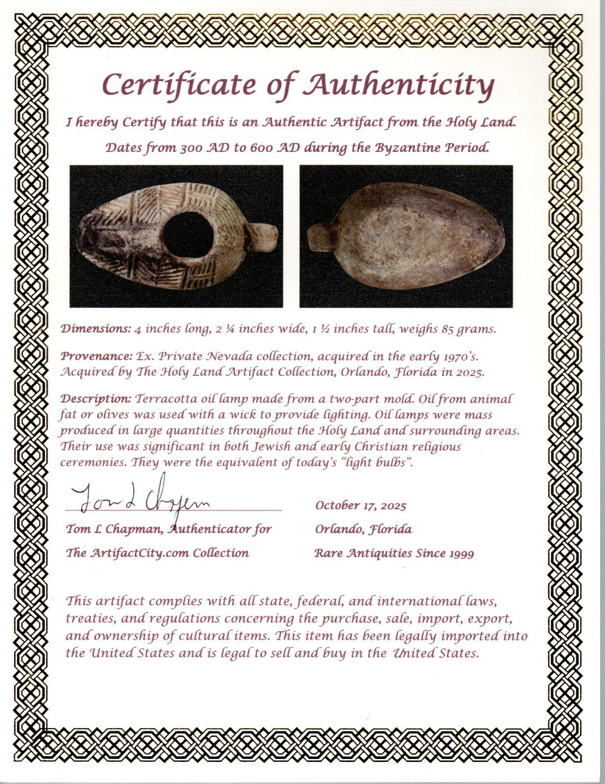 Oil Lamp Holy Land Ancient Artifact Jesus Christ Home Israel 300-600 AD COA 117