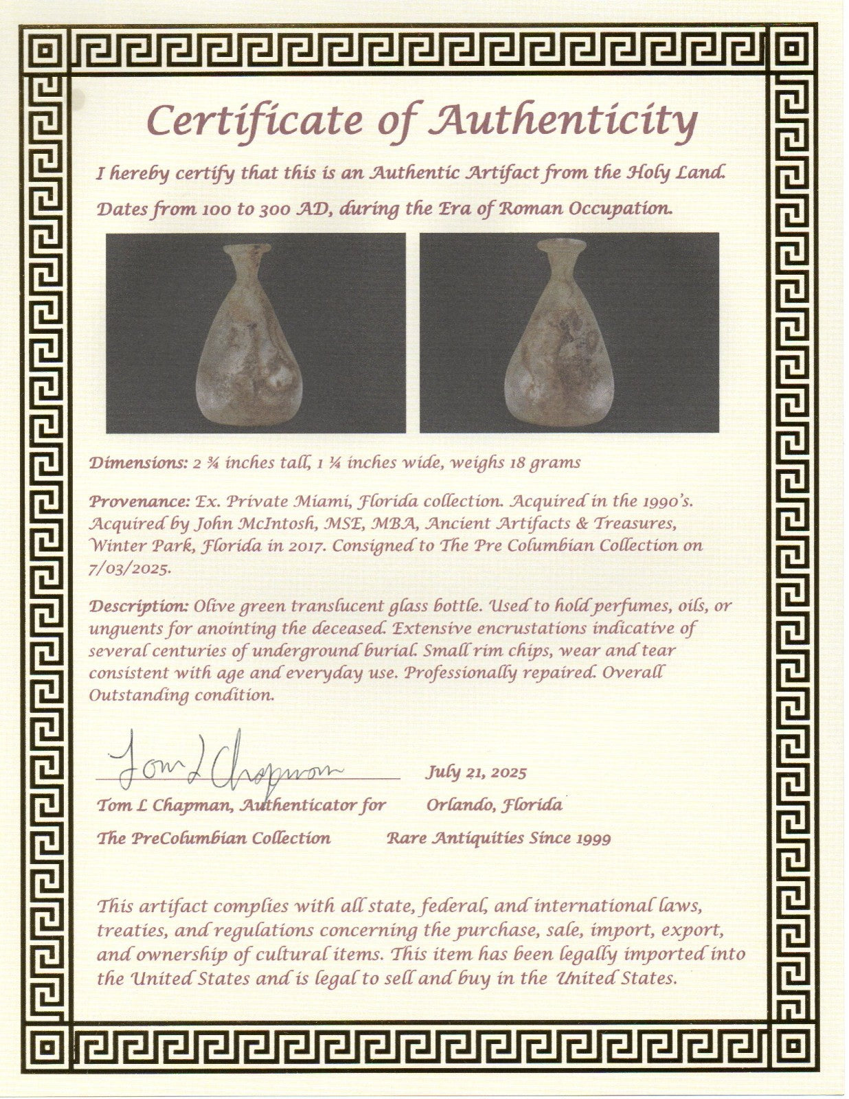 Ancient Holy Land Glass Bottle Authentic Artifact 100-300 AD Roman Era COA J08