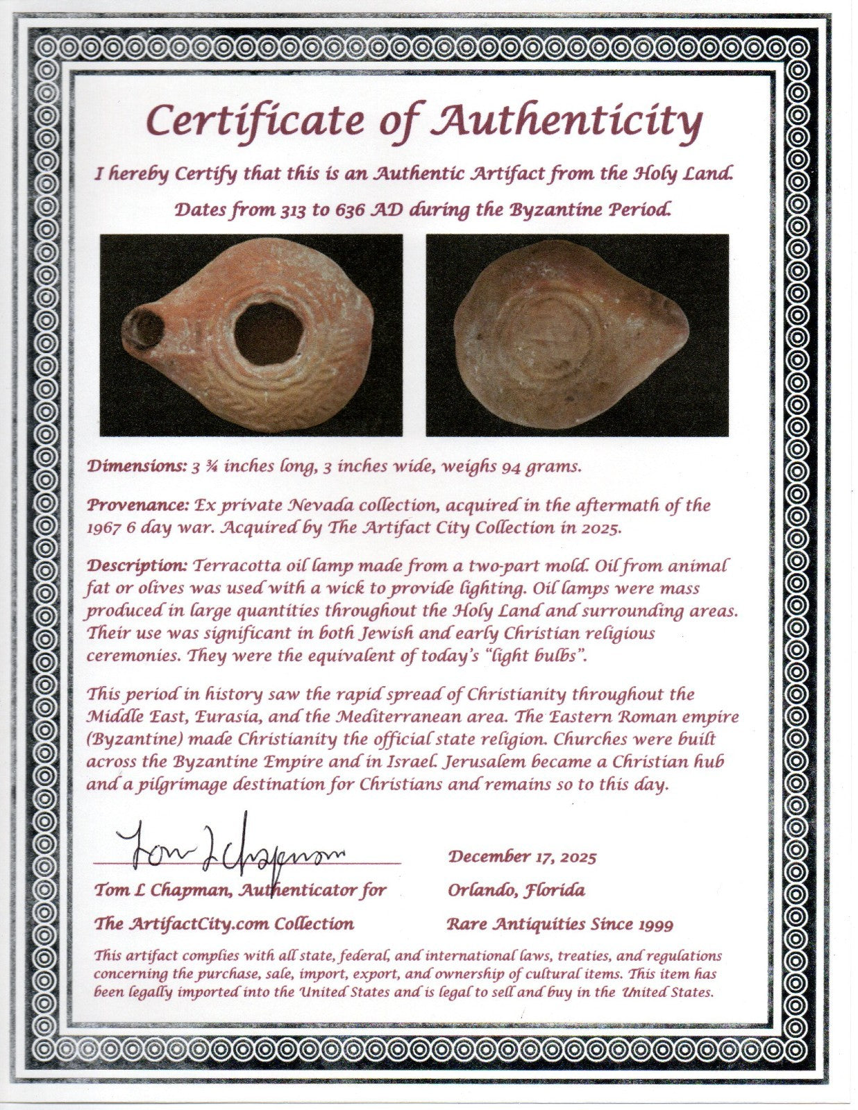 Holy Land Oil Lamp Ancient Artifact Time of the Christians 313-636 AD COA 217