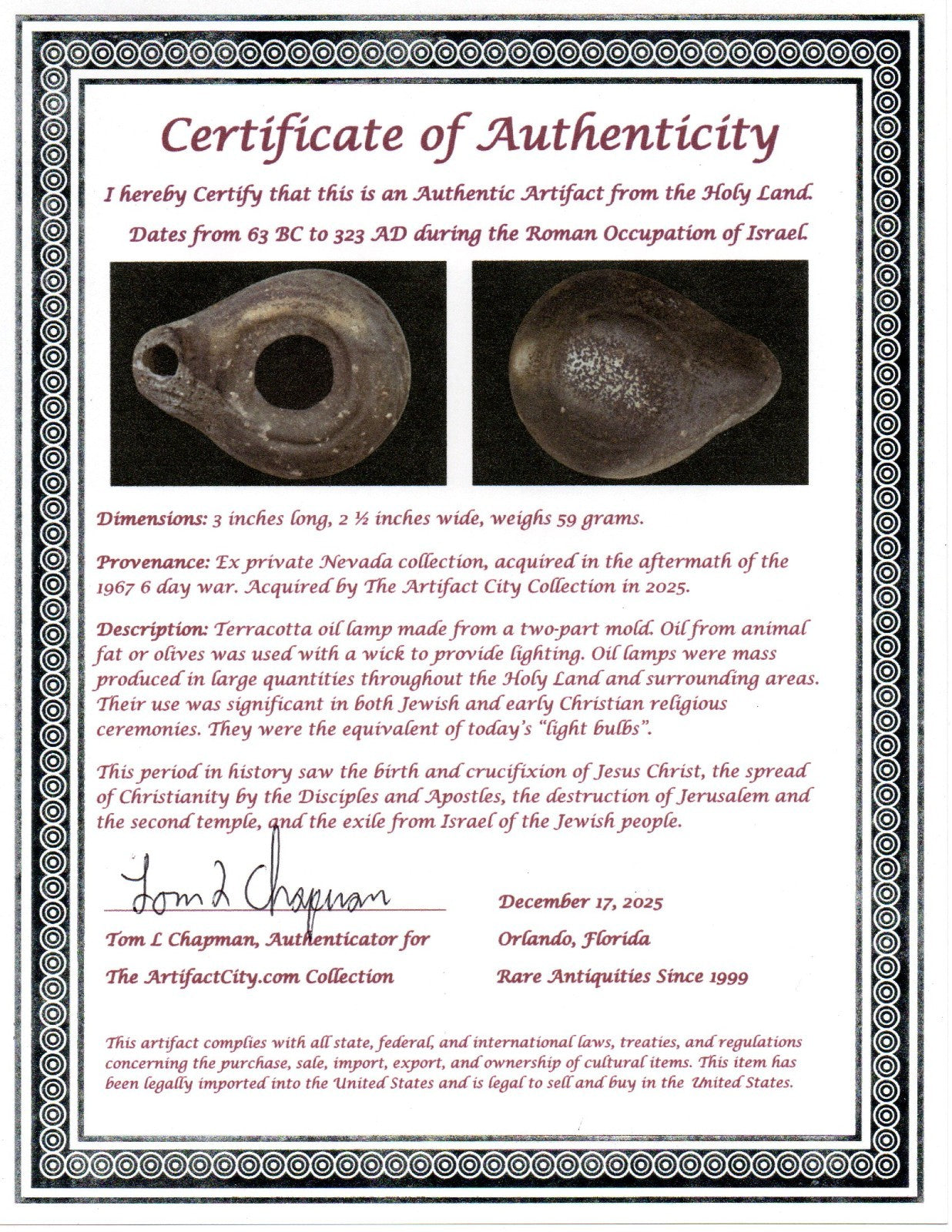 Holy Land Oil Lamp Ancient Artifact Time of Jesus & Apostles 63BC-323AD COA 149