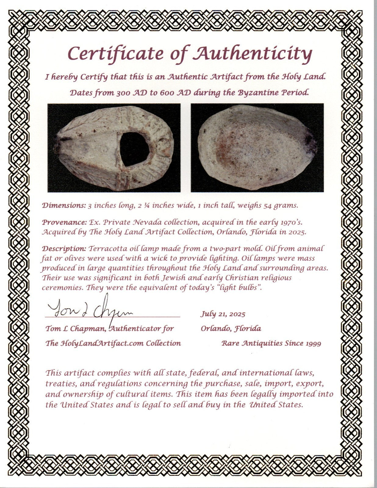 Oil Lamp Holy Land Ancient Artifact Jesus Christ Home Israel 300-600 AD COA 105