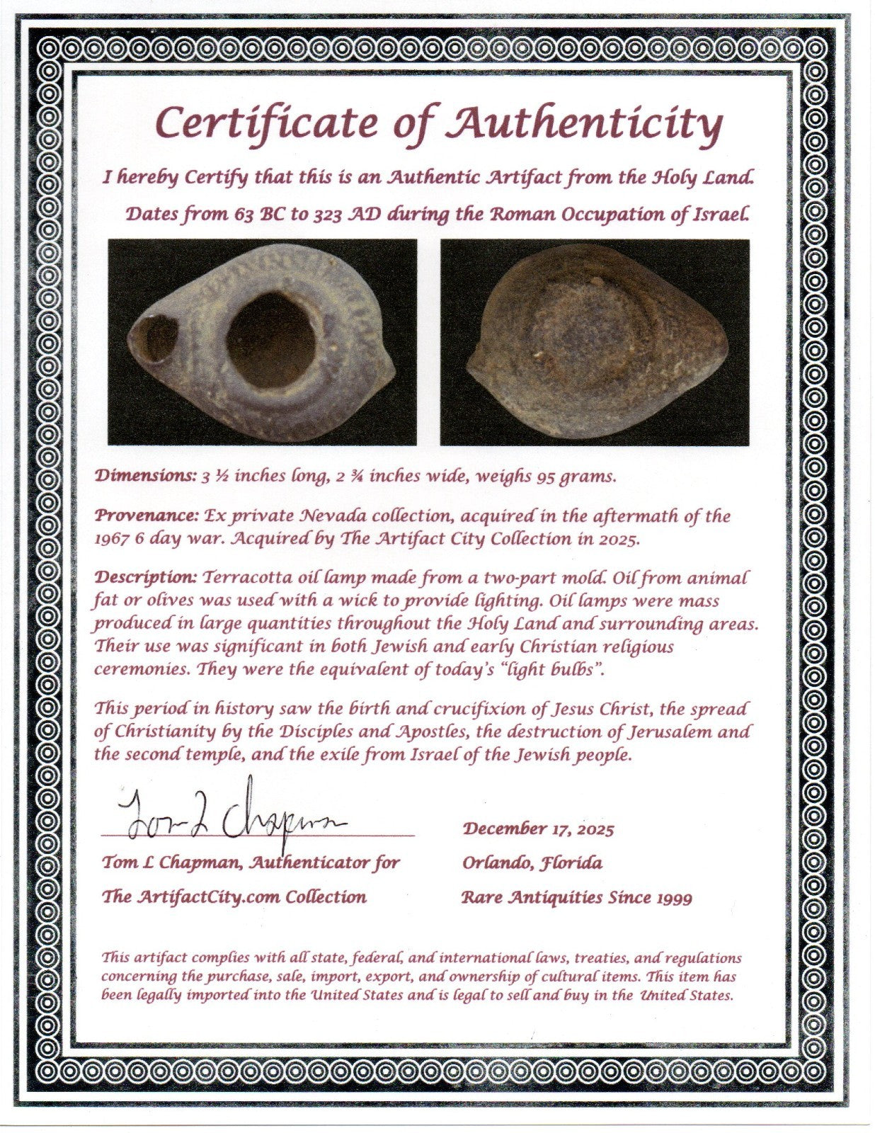 Holy Land Oil Lamp Ancient Artifact Time of Jesus & Apostles 63BC-323AD COA 170