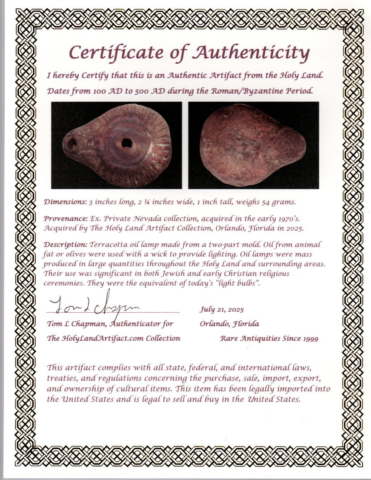 Ancient Holy Land Oil Lamp Artifact From Jesus Christ Home Land 100-500AD COA 60