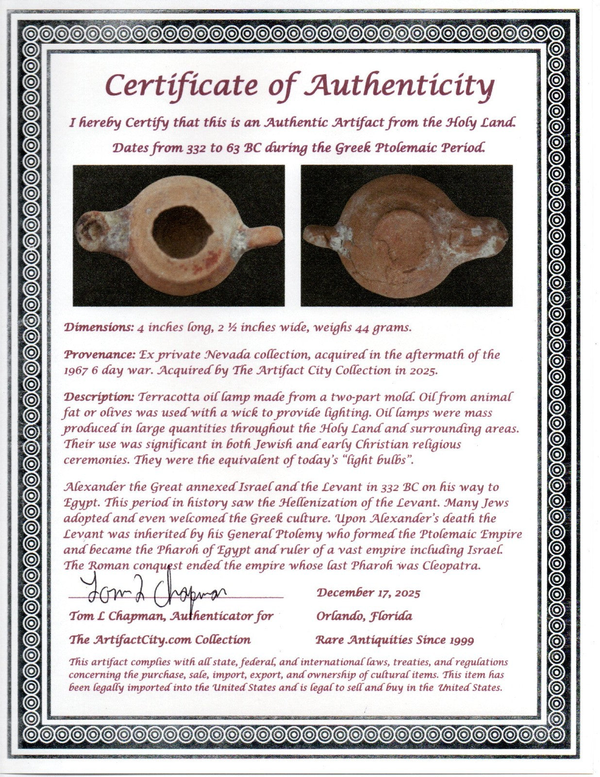 Holy Land Oil Lamp Ancient Artifact Alexander the Great Era 332-63 BC COA 235