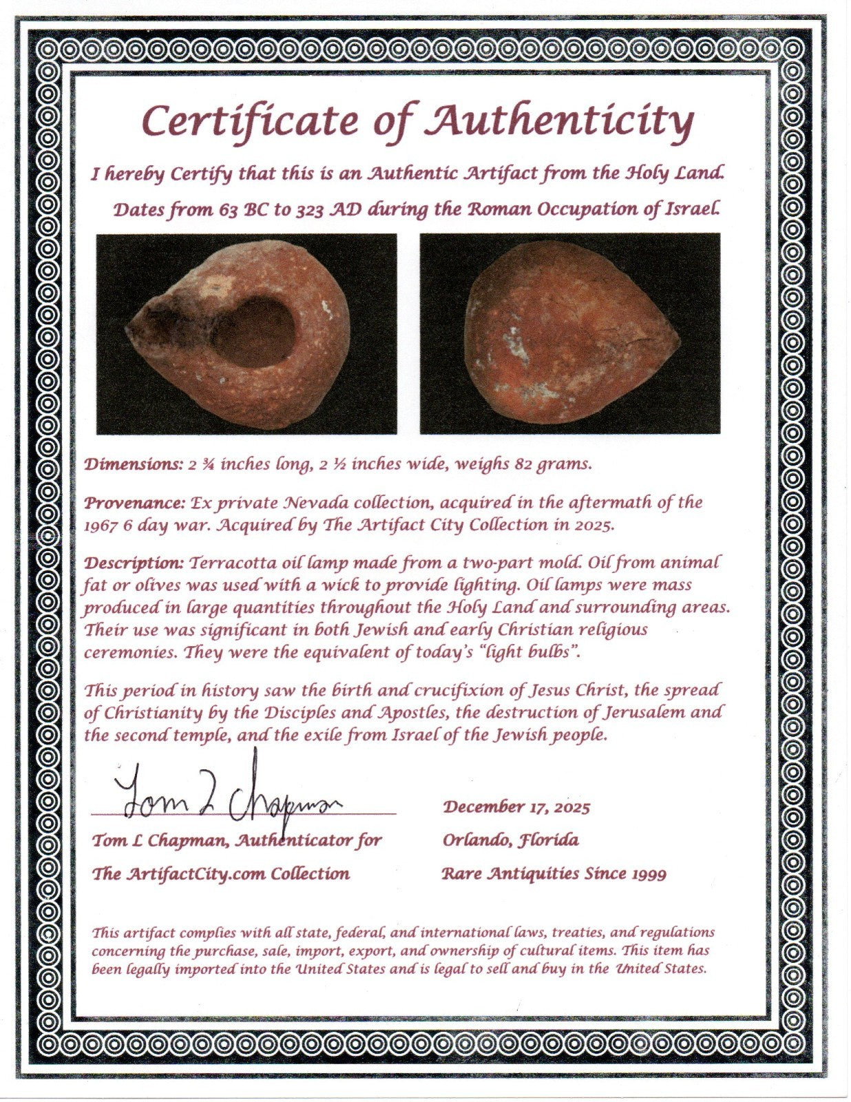 Holy Land Oil Lamp Ancient Artifact Time of Jesus & Apostles 63BC-323AD COA 146