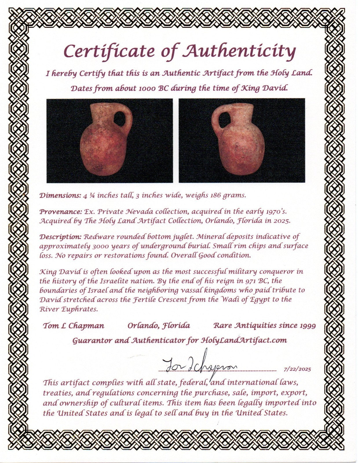 Ancient Holy Land Artifact King David Jug Land of Jesus Christ 1000 BC COA 12