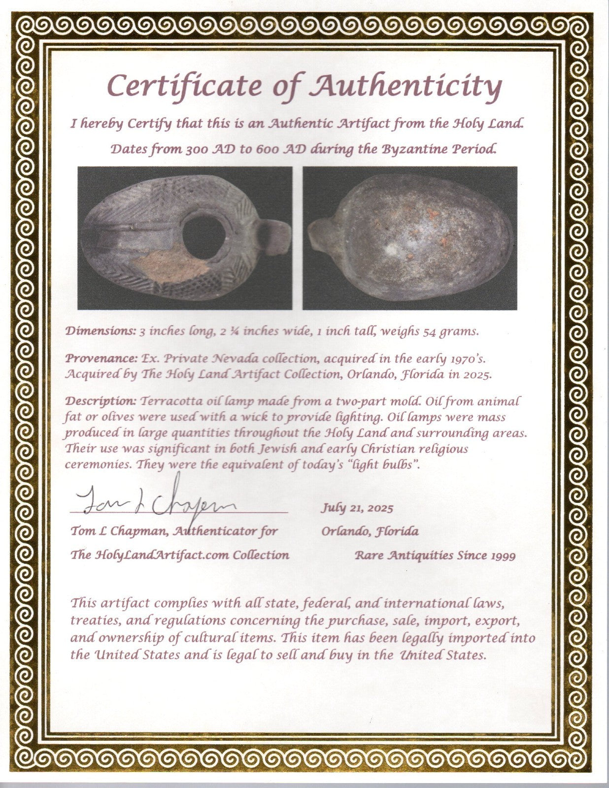 Oil Lamp Holy Land Ancient Artifact Jesus Christ Home Israel 300-600 AD COA 75