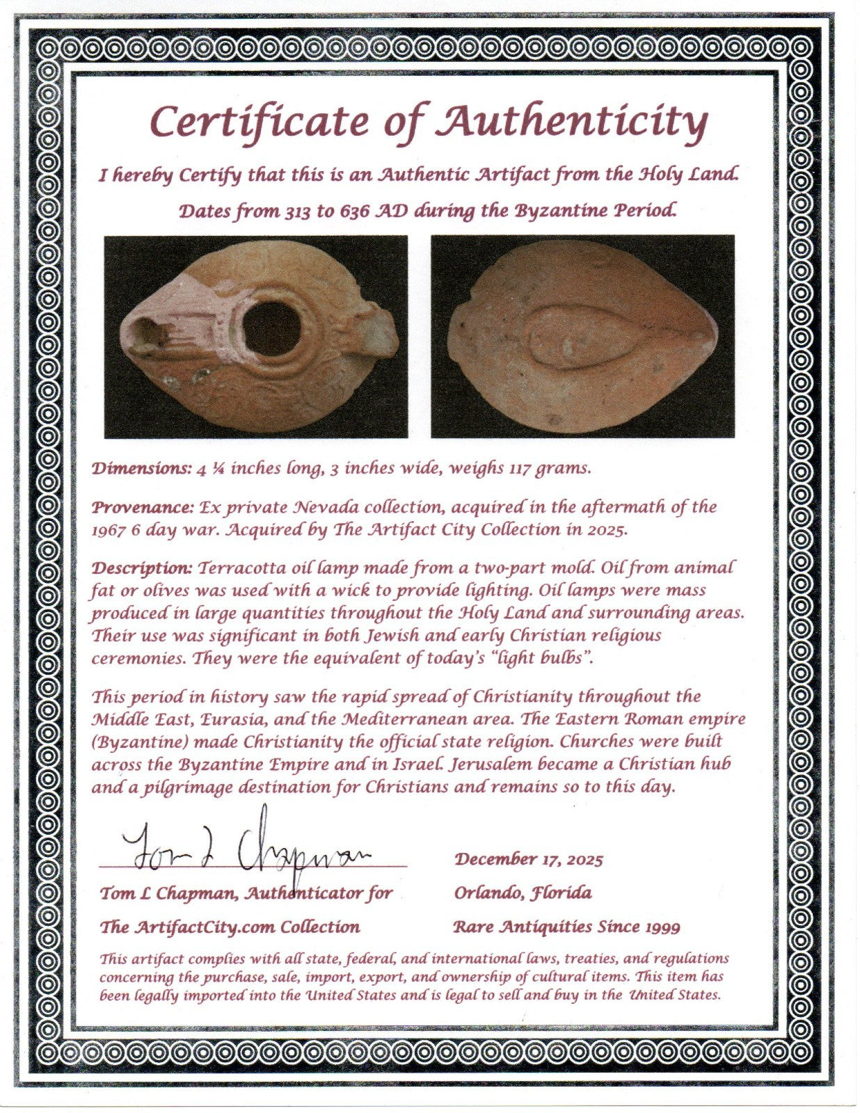 Holy Land Oil Lamp Ancient Artifact Time of the Christians 313-636 AD COA 208