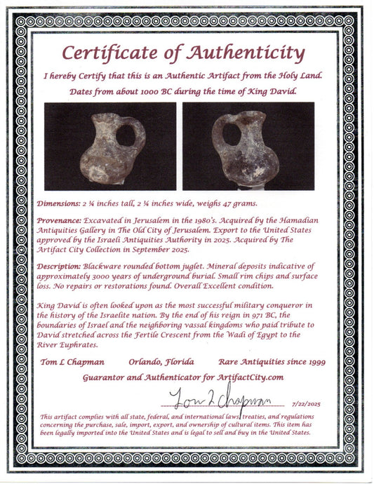 Ancient Holy Land Artifact King David Mini Jugglet Christ Home Land 1000BC COA 2