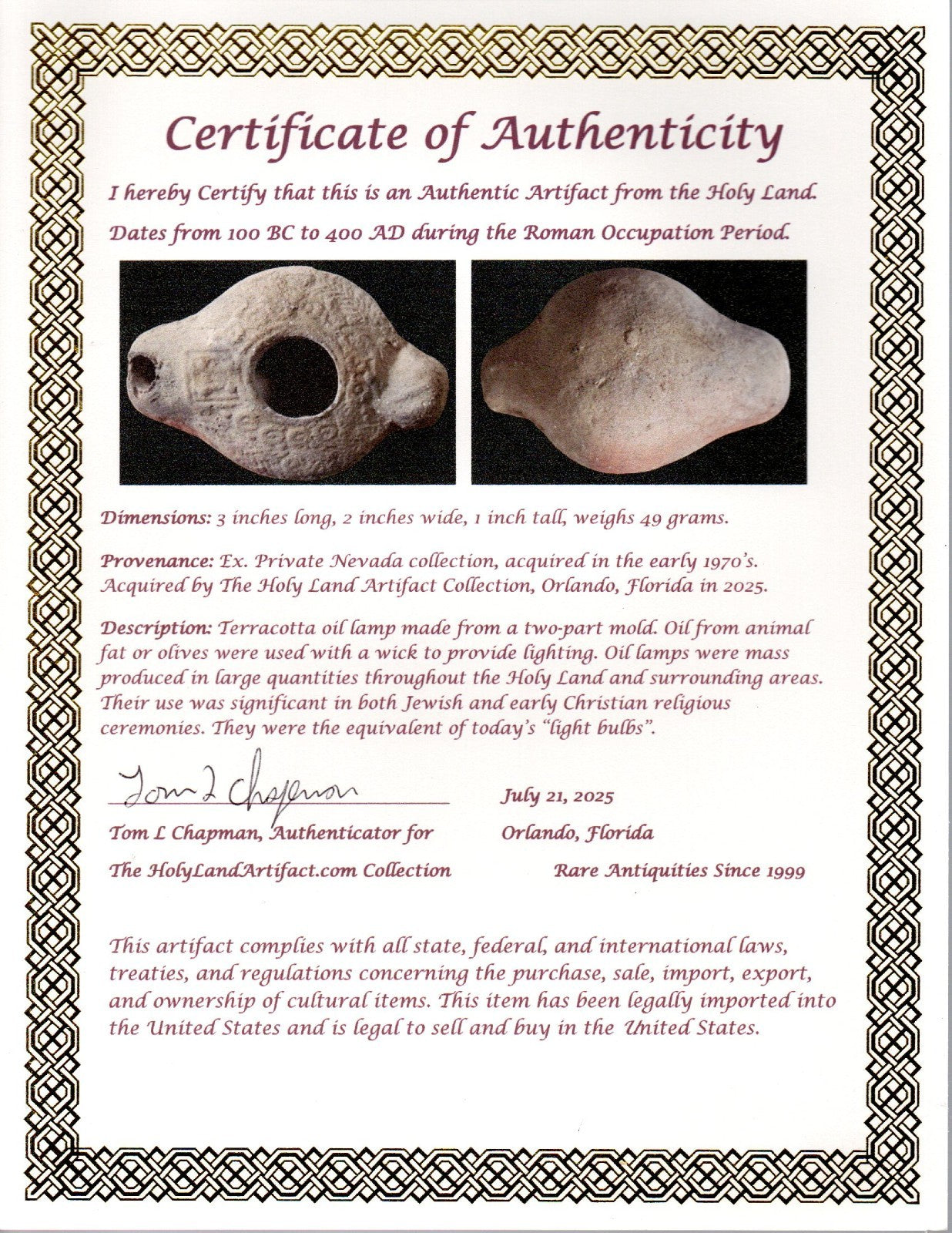 Ancient Holy Land Oil Lamp Artifact Jesus Christ Homeland 100BC-400AD COA 19