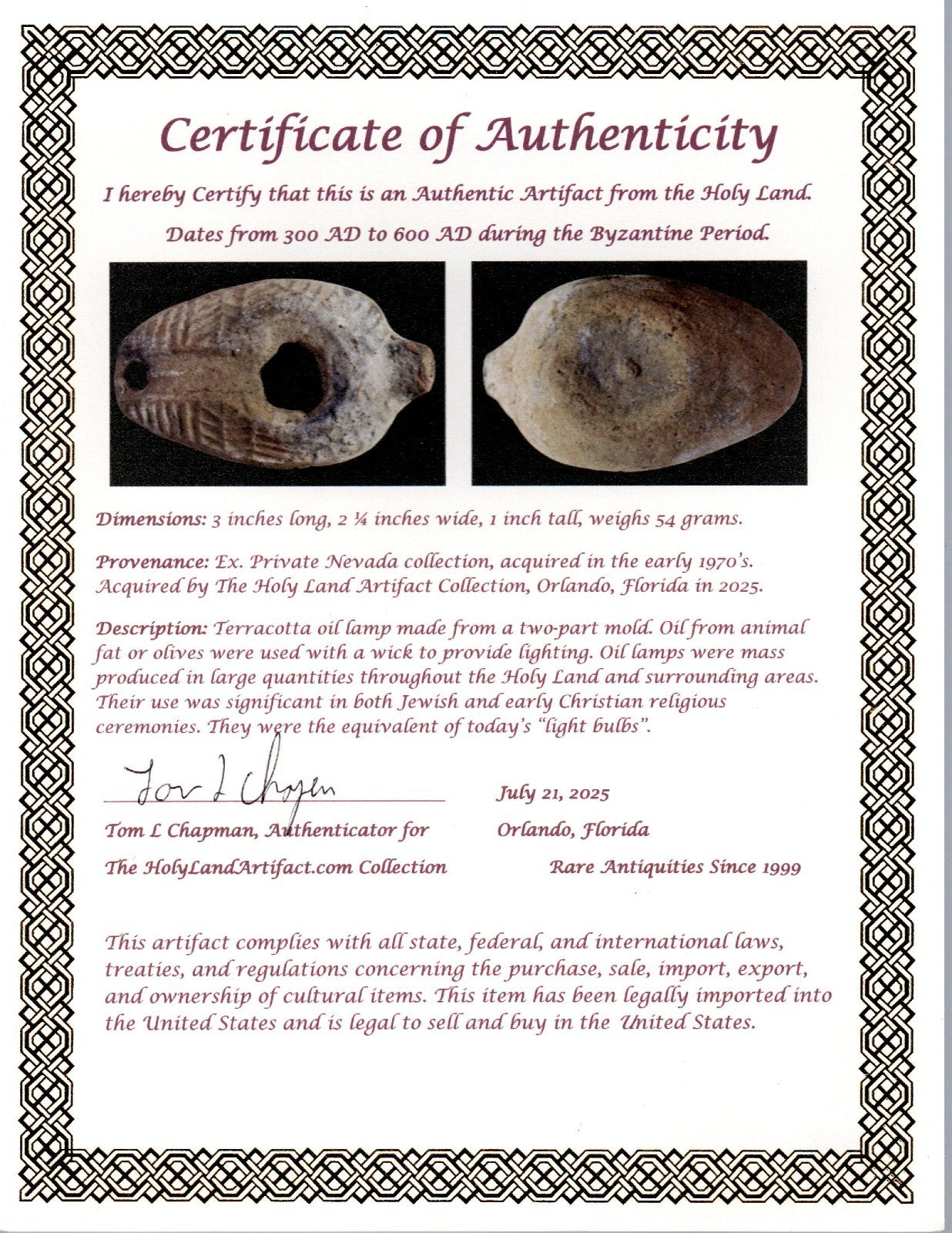 Very Big Ancient Holy Land Oil Lamp Artifact Jesus Christ Home 300-600 AD COA 93