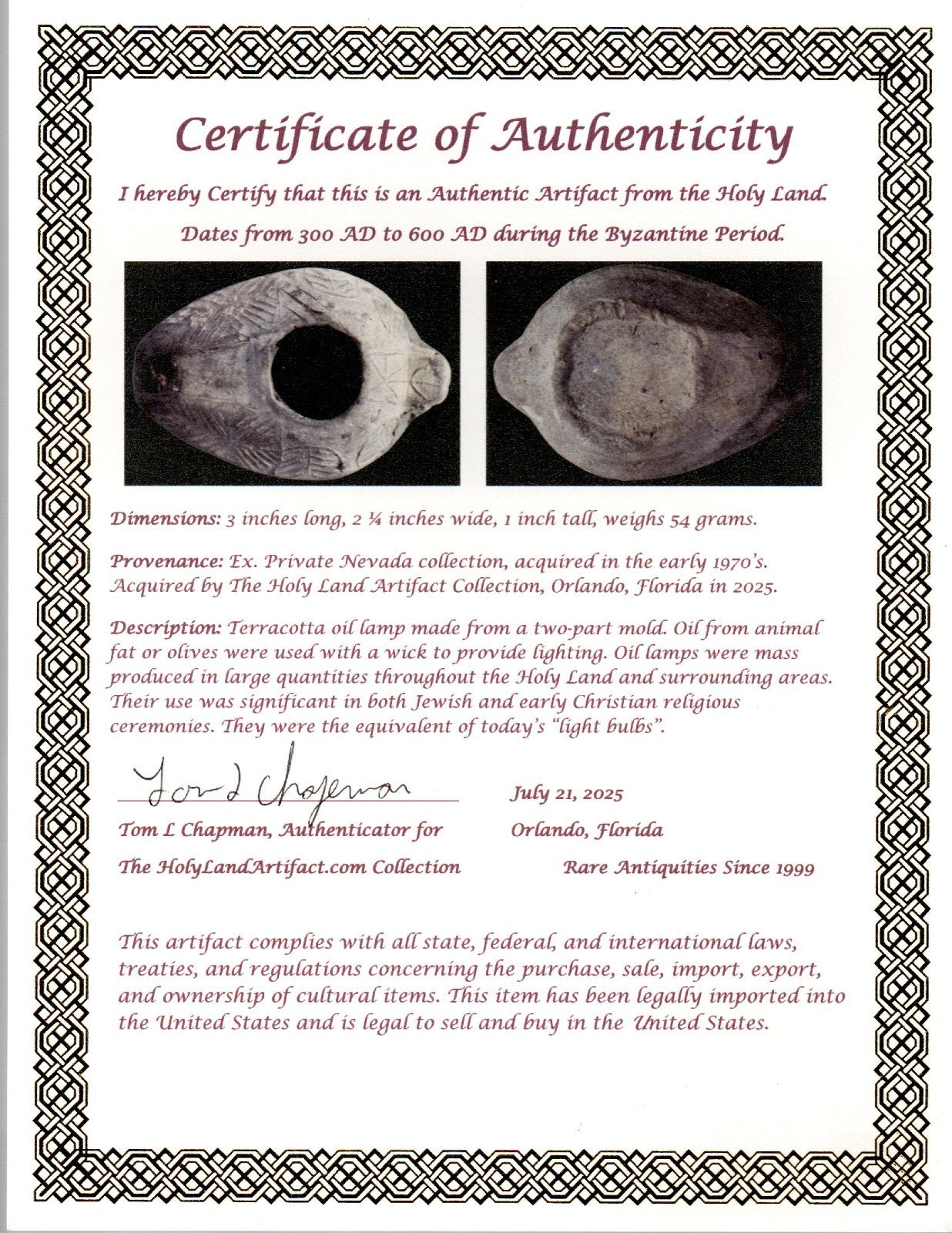Oil Lamp Holy Land Ancient Artifact Jesus Christ Home Israel 300-600 AD COA 98