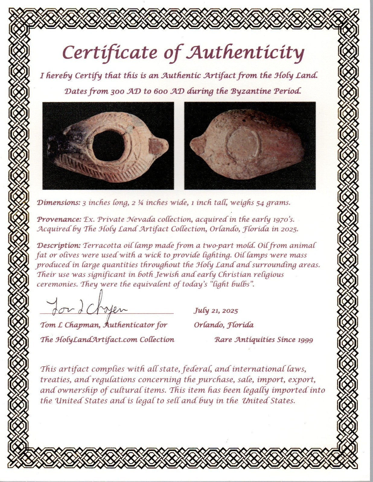 Oil Lamp Holy Land Ancient Artifact Jesus Christ Home Israel 300-600 AD COA 89