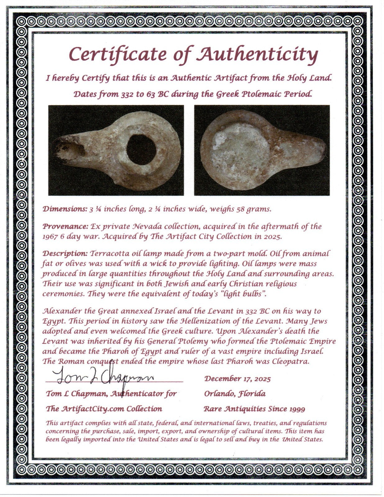 Holy Land Oil Lamp Ancient Artifact Alexander the Great Era 332-63 BC COA 234
