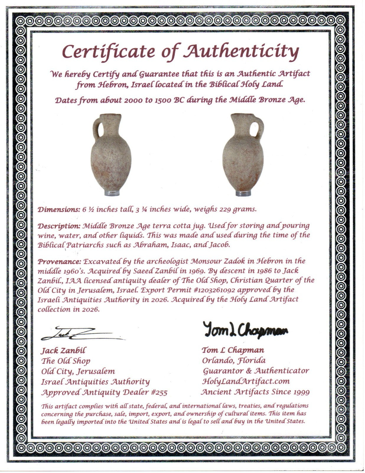 Time of Abraham Holy Land Artifact 6 inch Jar Jug Intact 2000 to 1500 BC COA Z08
