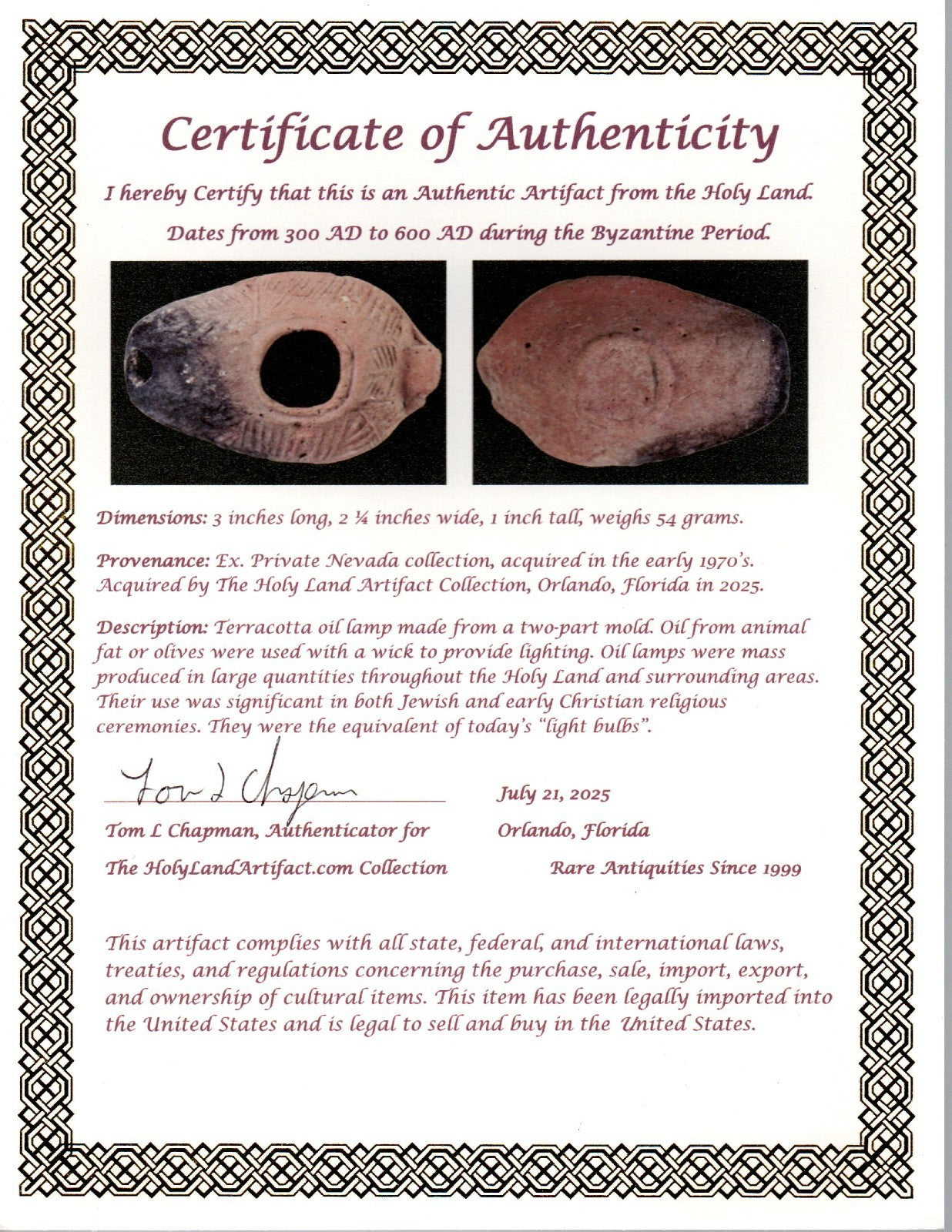 Ancient Holy Land Oil Lamp Artifact Jesus Christ Home Israel 300-600 AD COA 86