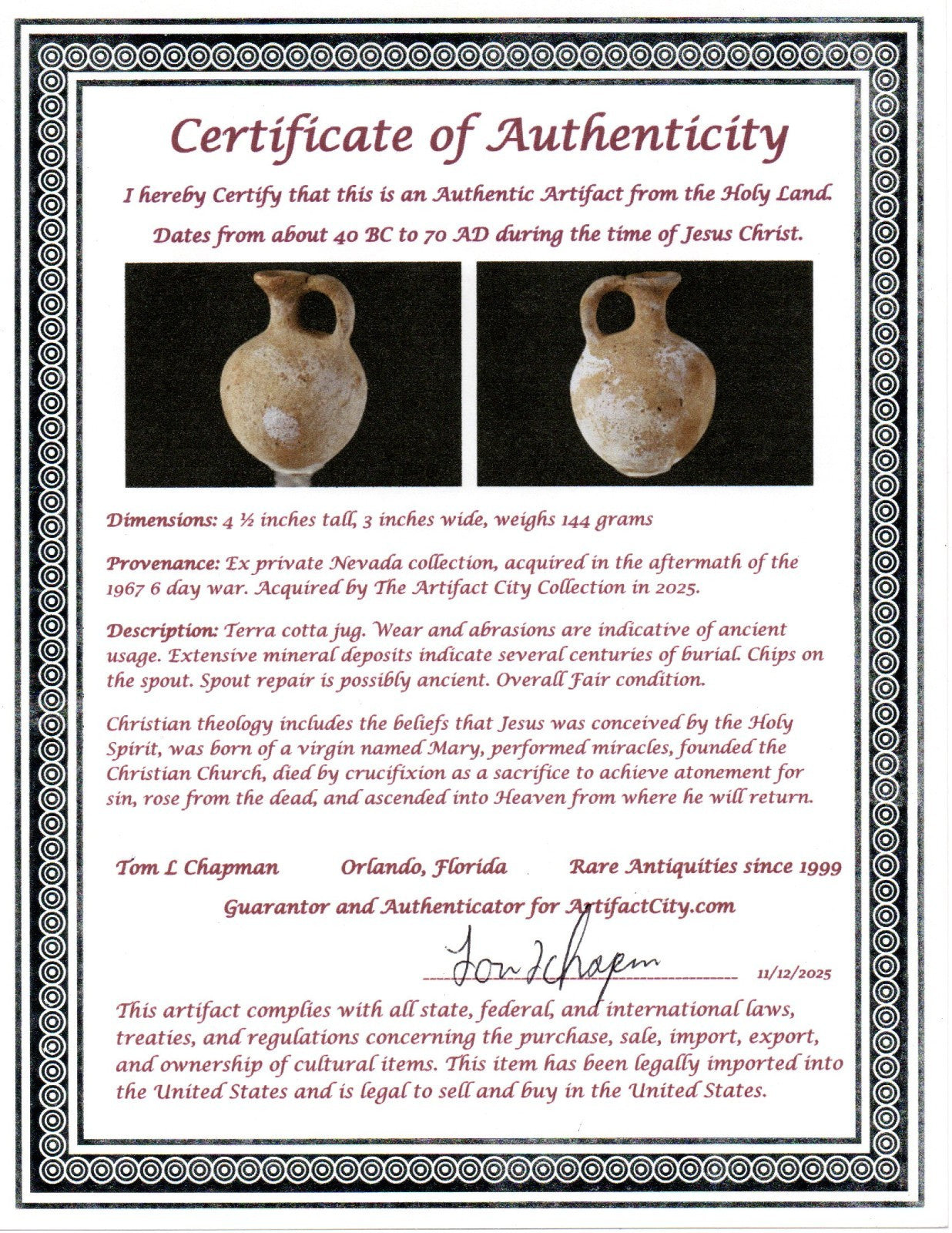 Time of Jesus Christ Ancient Holy Land Artifact Herodian Jug 40BC - 70AD COA 53