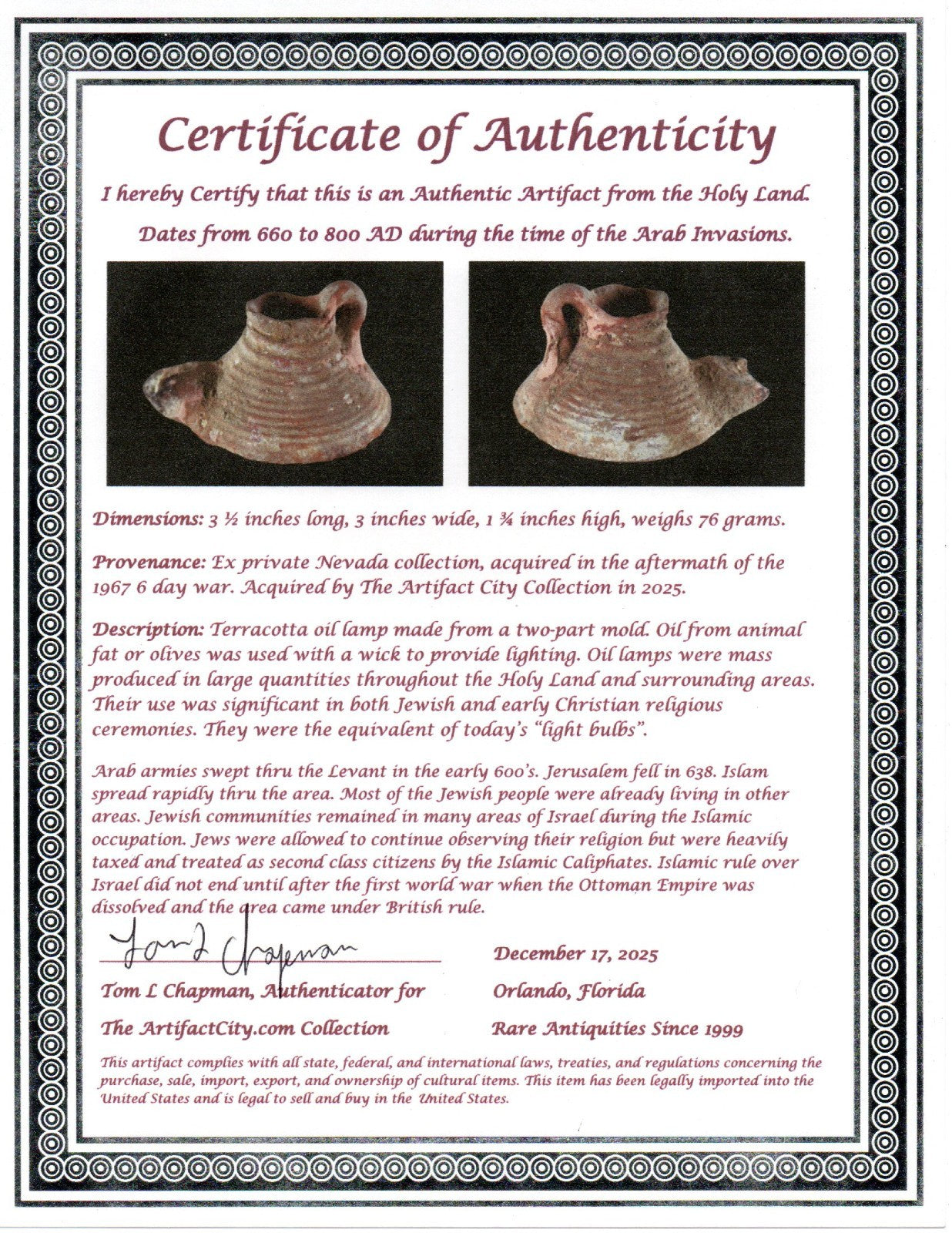 Holy Land Oil Lamp Ancient Artifact Time of the Arab Invasion 660-800 AD COA 239