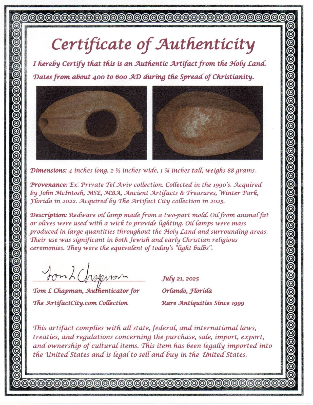 Ancient Holy Land Oil Lamp Artifact  From Jesus Christ Homeland 400-600AD COA 39