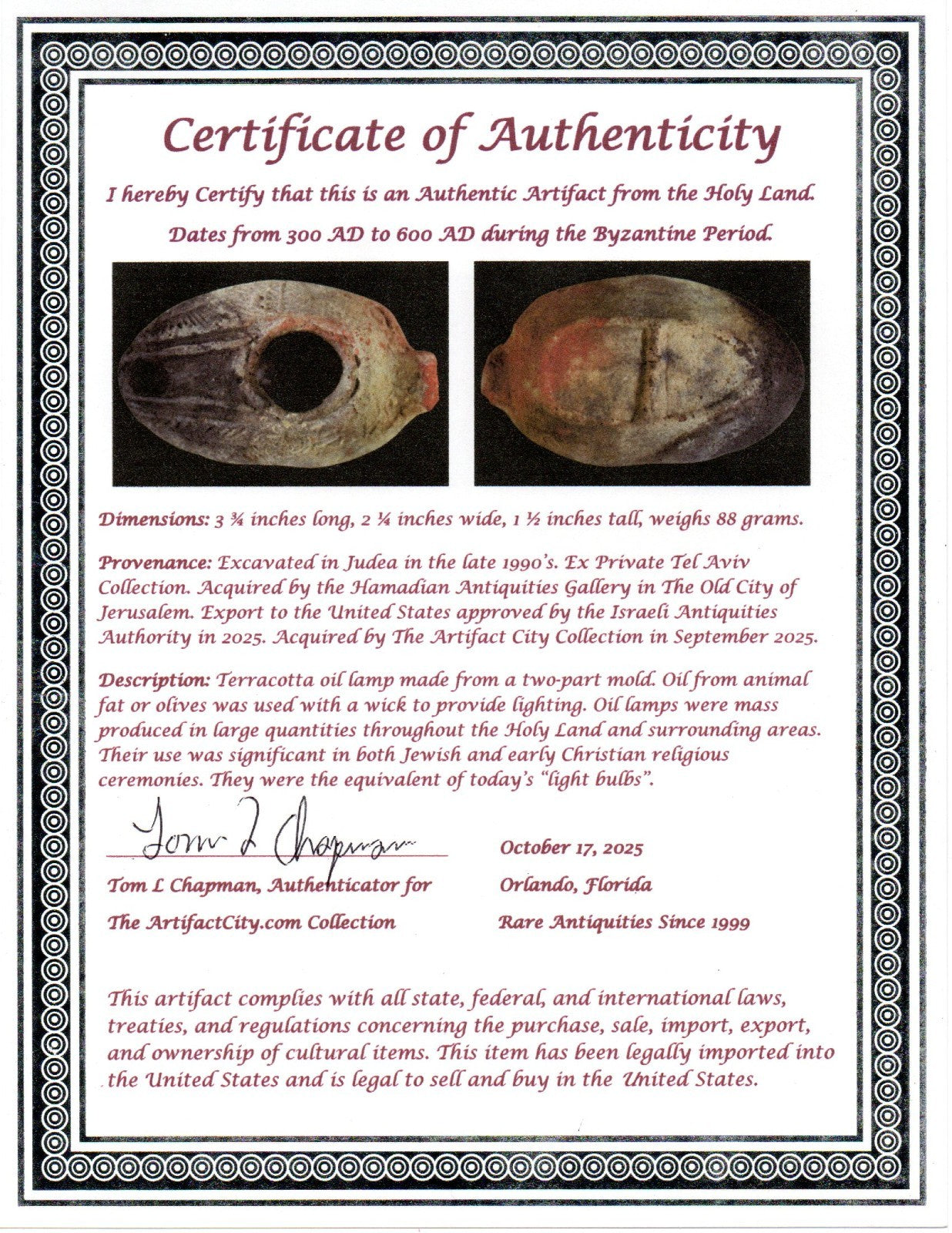 Ancient Holy Land Oil Lamp Artifact A Hidden Christian Cross 300-600AD COA 134