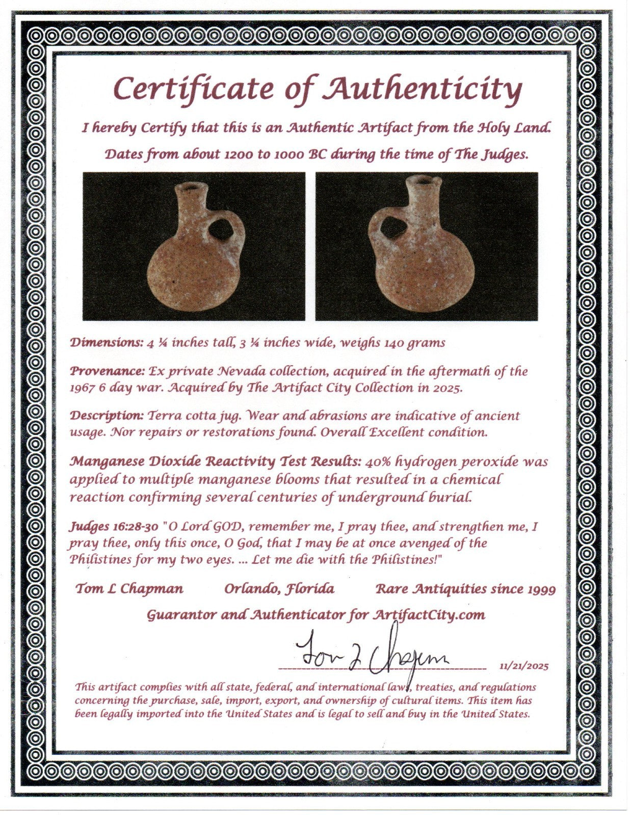 Time of Samson Holy Land Artifact Ancient 3100 Year Old Jug 1200-1000 BC COA 73