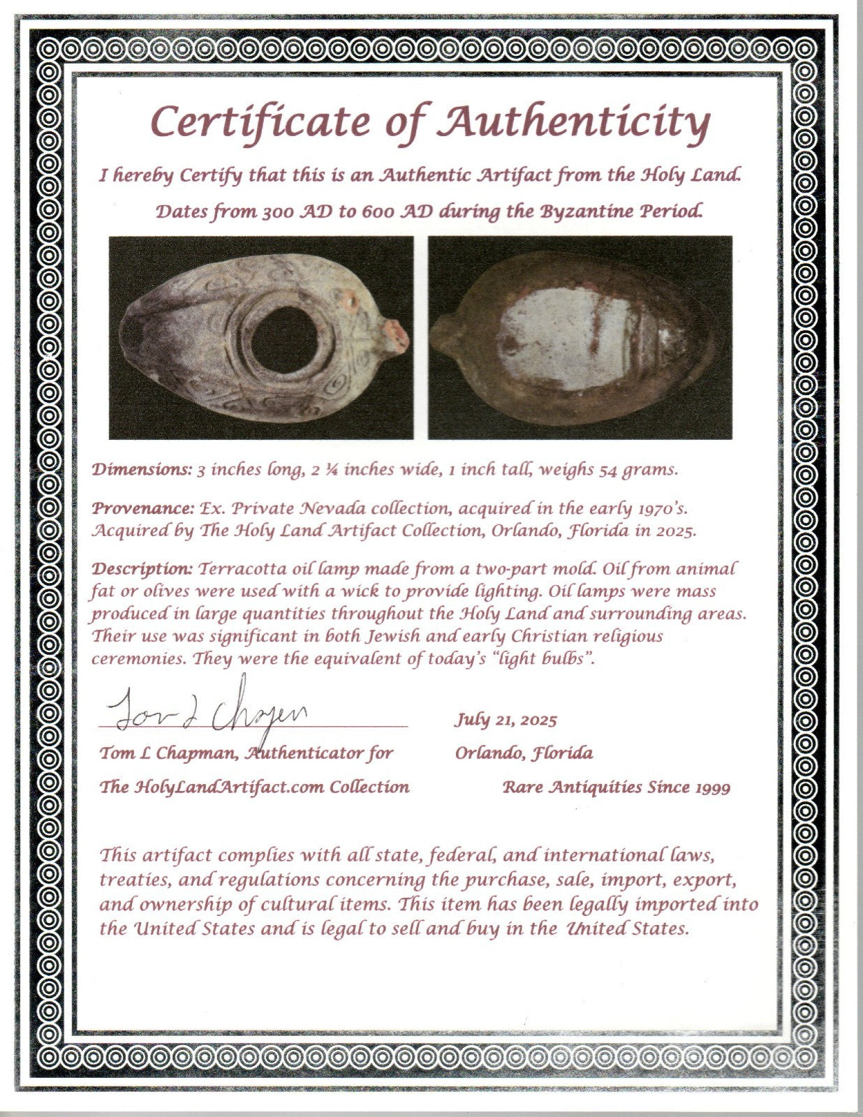 Oil Lamp Holy Land Ancient Artifact Jesus Christ Home Israel 300-600 AD COA 80