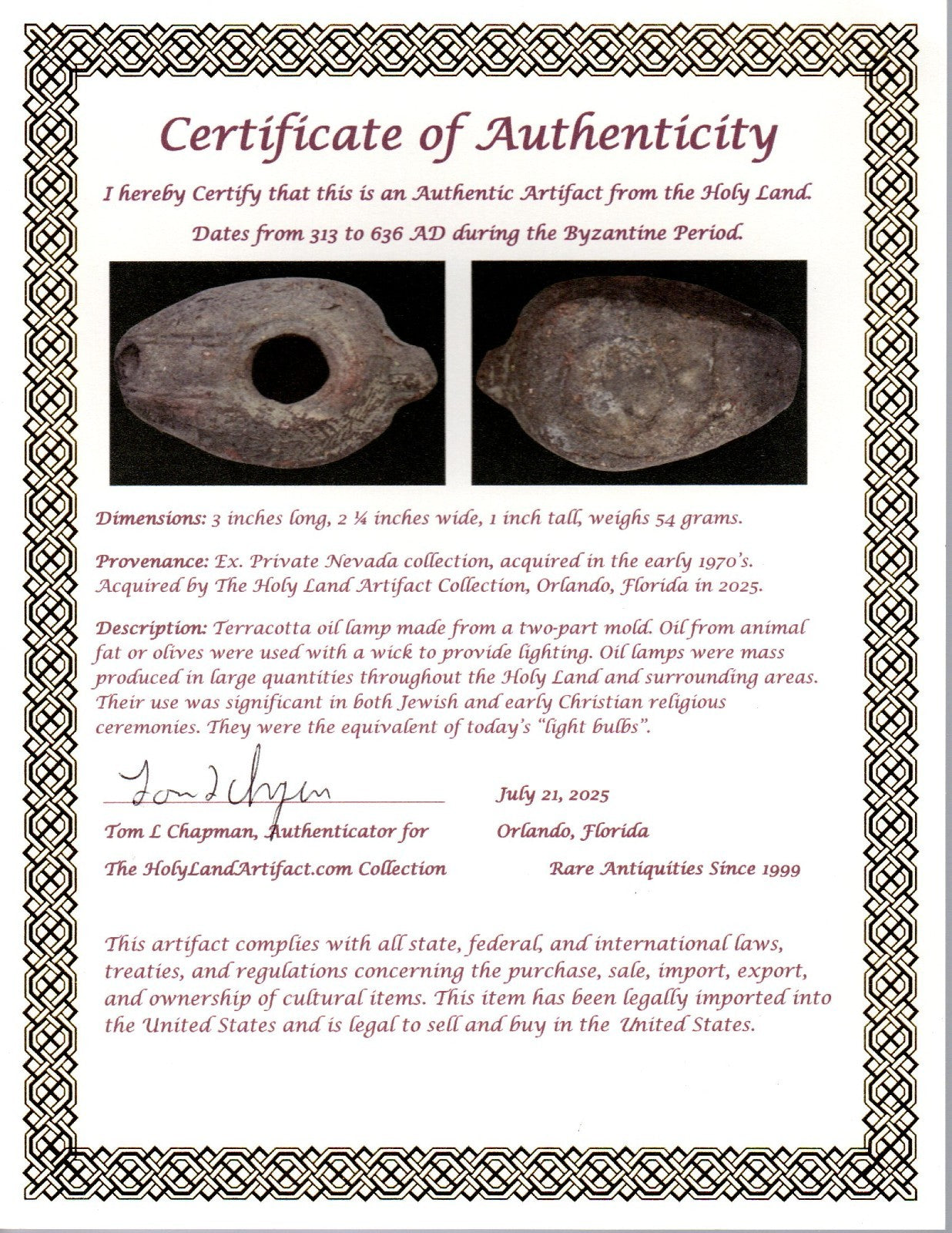 Holy Land Oil Lamp Ancient Artifact Time of the Christians 313-636 AD COA 59