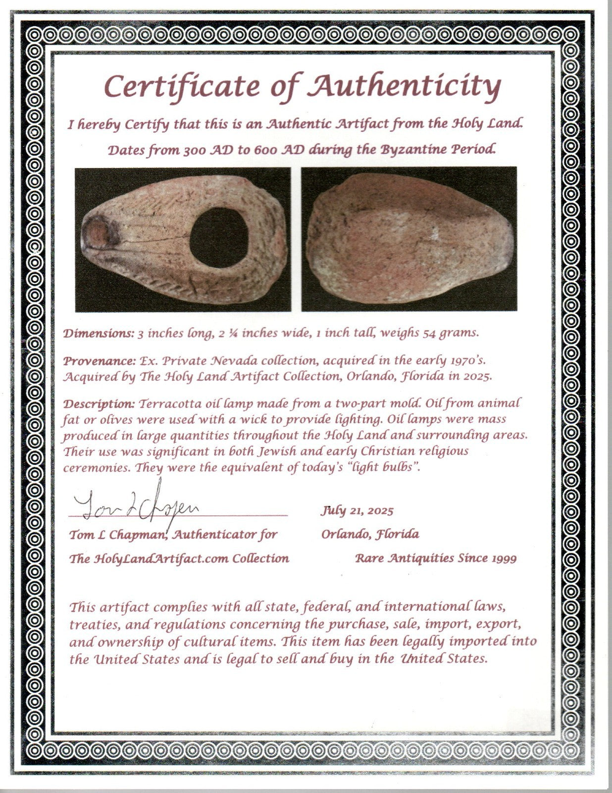 Oil Lamp Holy Land Ancient Artifact Jesus Christ Home Israel 300-600 AD COA 78