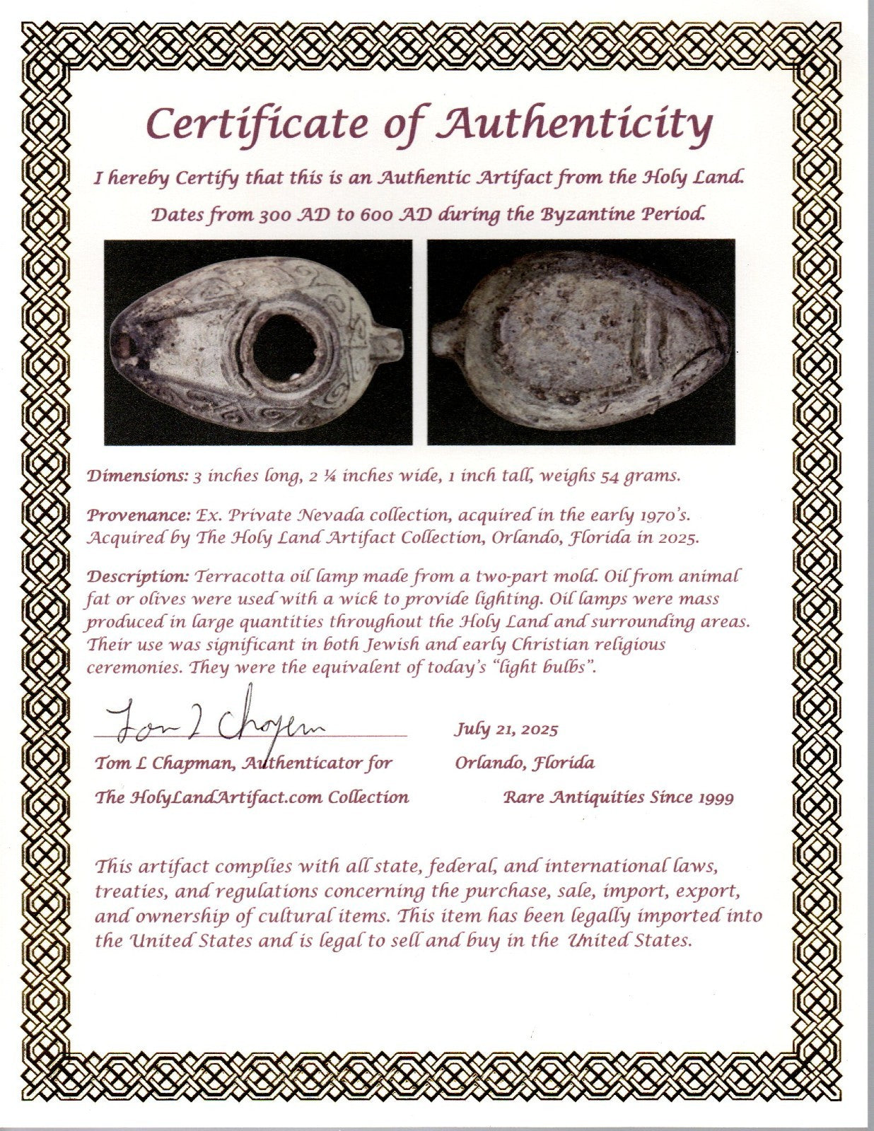 Oil Lamp Holy Land Ancient Artifact Jesus Christ Home Israel 300-600 AD COA 71