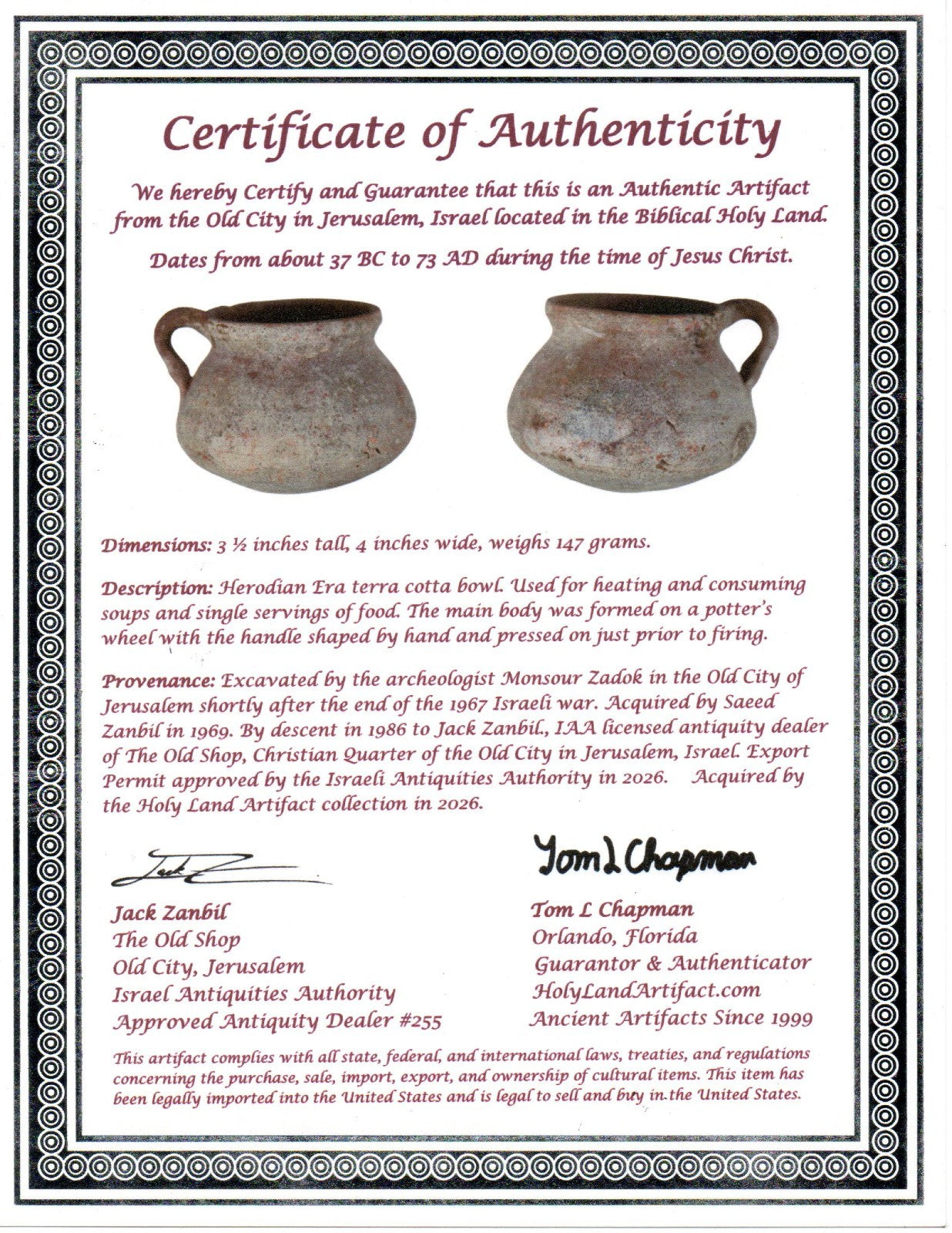 Time of Jesus Christ Holy Land Artifact Herodian Bowl 37 BC to 73 AD COA Z10