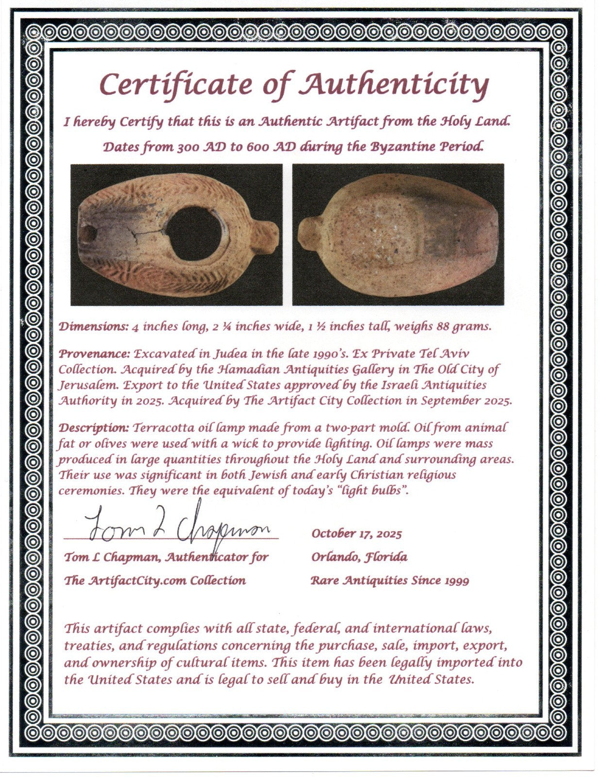 Ancient Holy Land Oil Lamp Artifact 2 Hidden Christian Crosses 300-600 AD COA 79