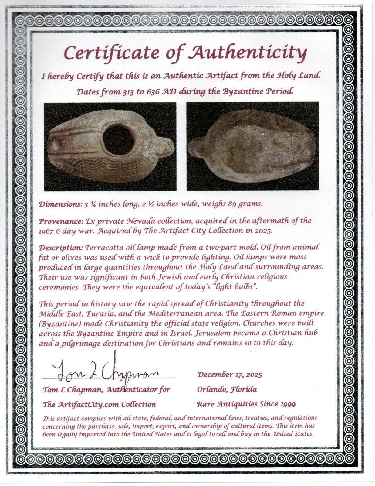 Holy Land Oil Lamp Ancient Artifact Time of the Christians 313-636 AD COA 207