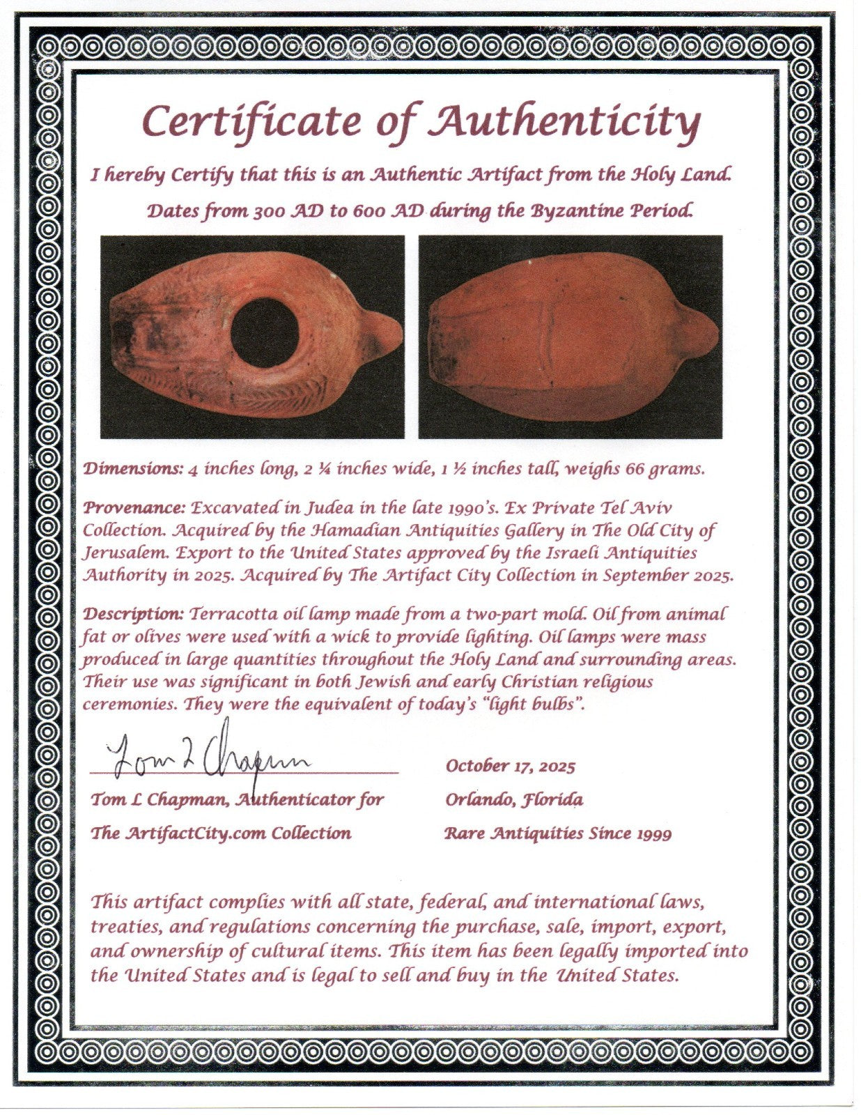 Ancient Holy Land Oil Lamp Artifact 2 Hidden Christian Crosses 300-600 AD COA 77