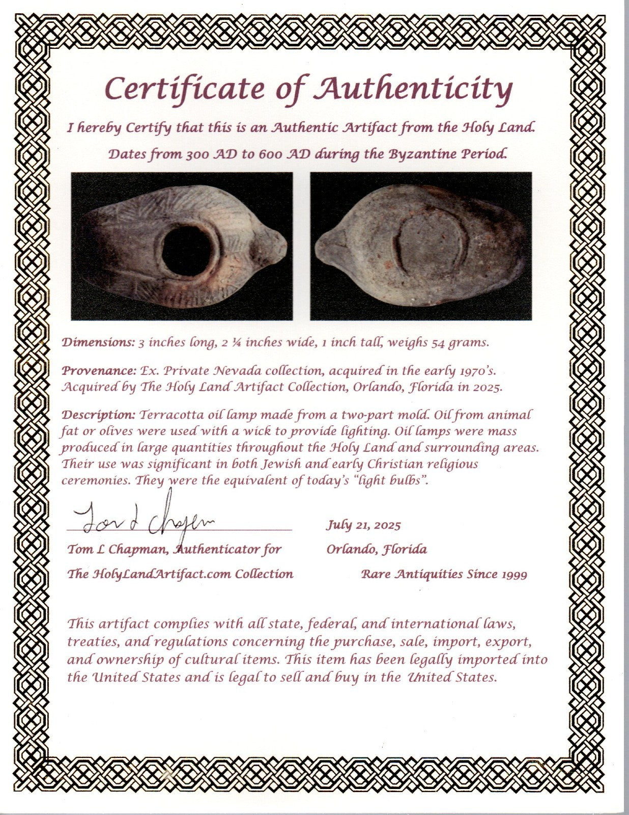 Oil Lamp Holy Land Ancient Artifact Jesus Christ Home Israel 300-600 AD COA 91