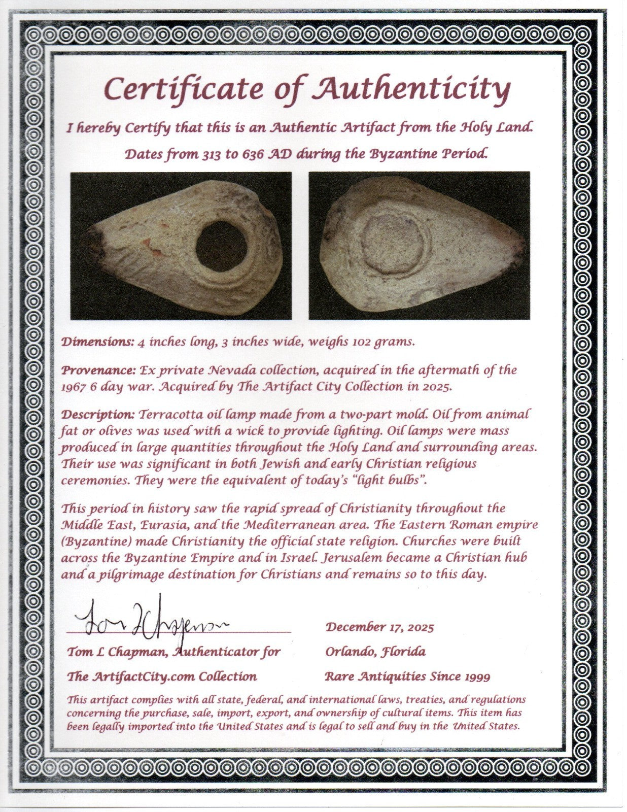 Time of the Christians Oil Lamp Ancient Holy Land Artifact 313-636 AD COA 13