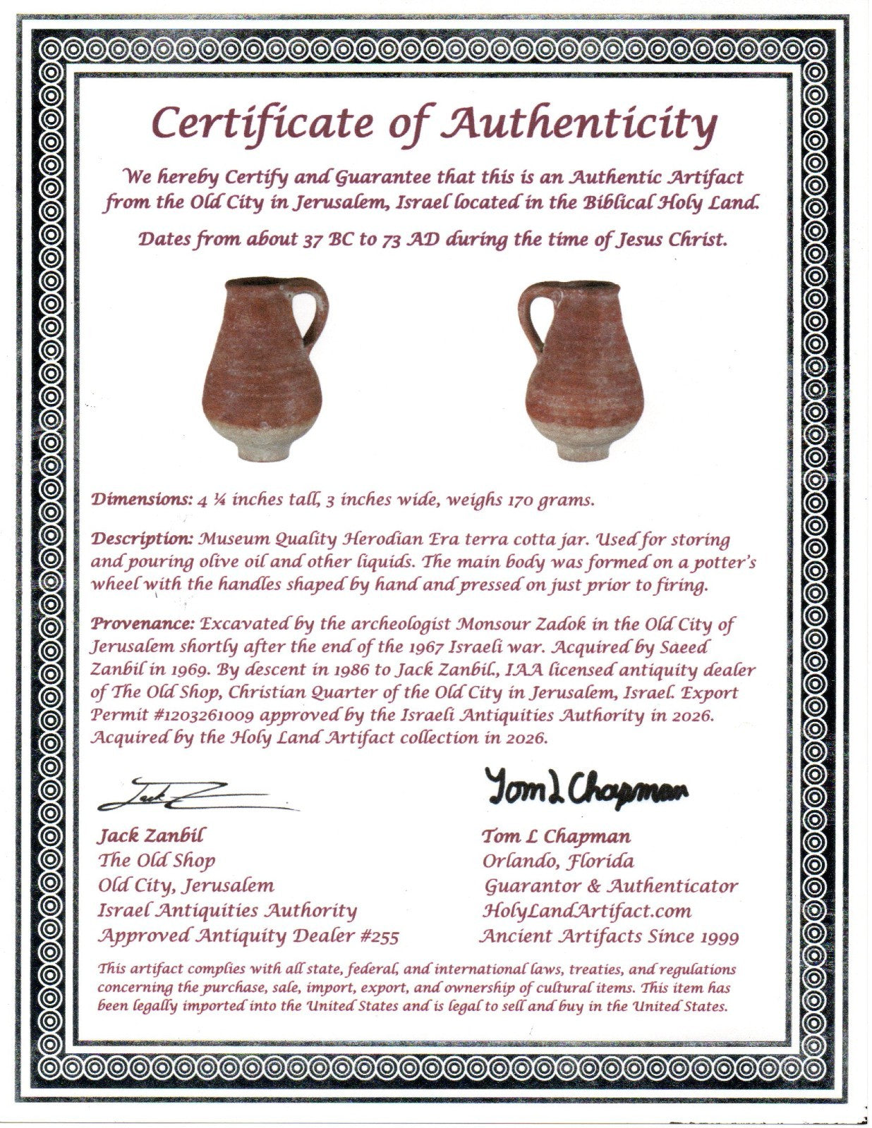 Museum Quality Herodian Jar Jug Holy Land Artifact Time Of Jesus Christ COA Z06