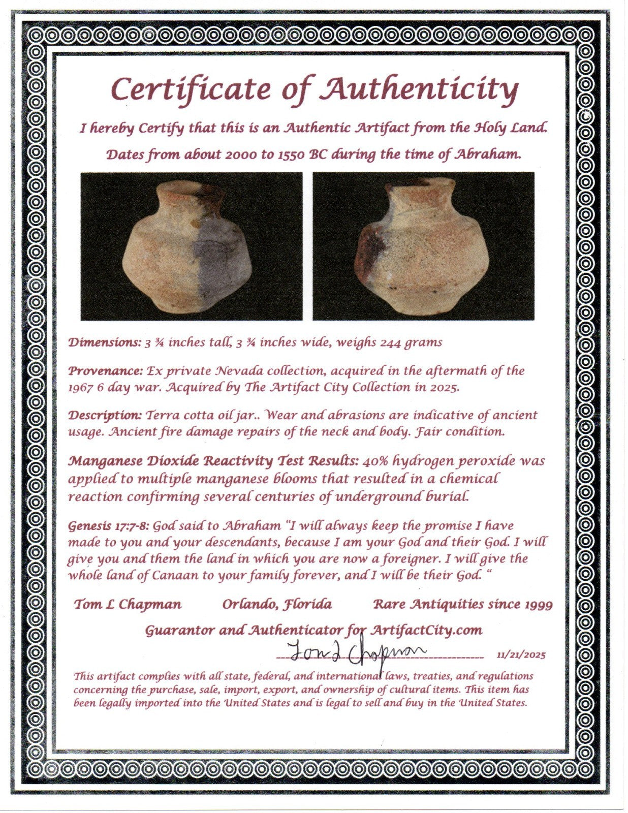Time of Abraham Holy Land Artifact Ancient 4000 Year Old Jar 2000-1550 BC COA 50