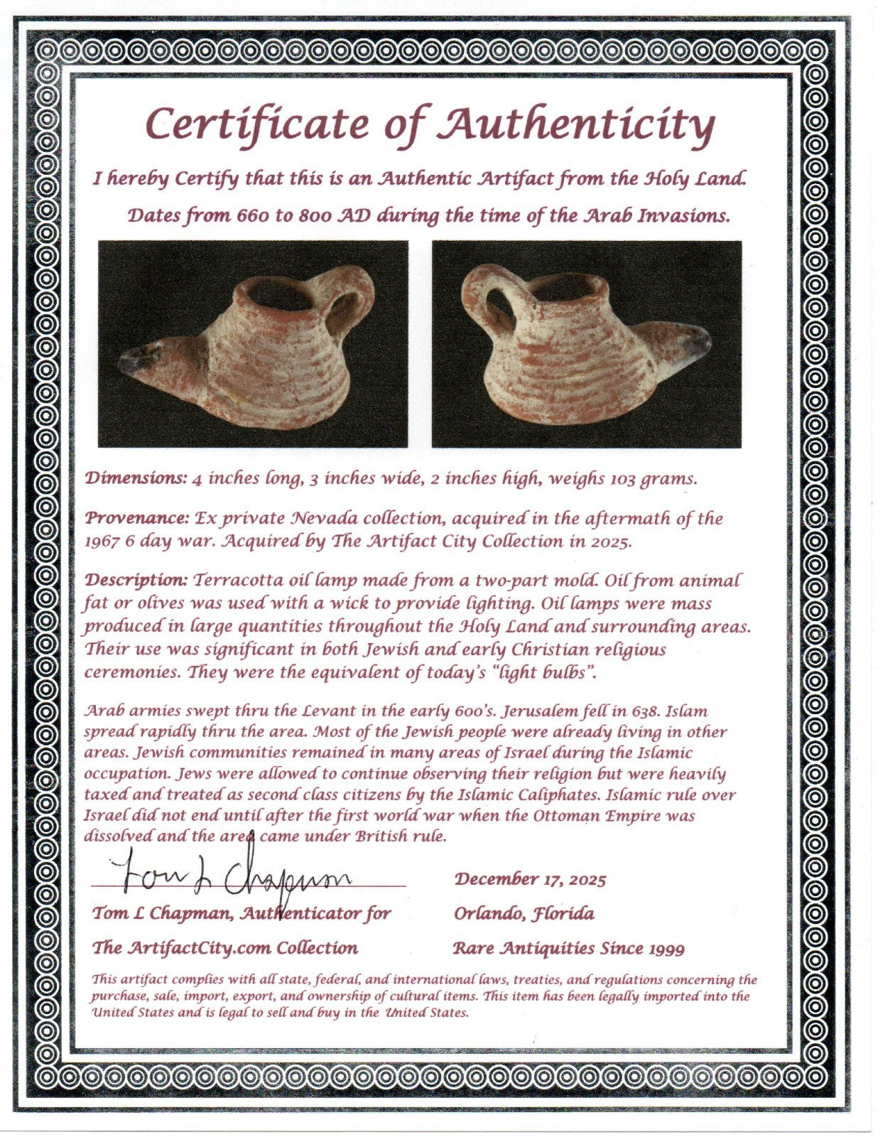 Holy Land Oil Lamp Ancient Artifact Time of the Arab Invasion 660-800 AD COA 238