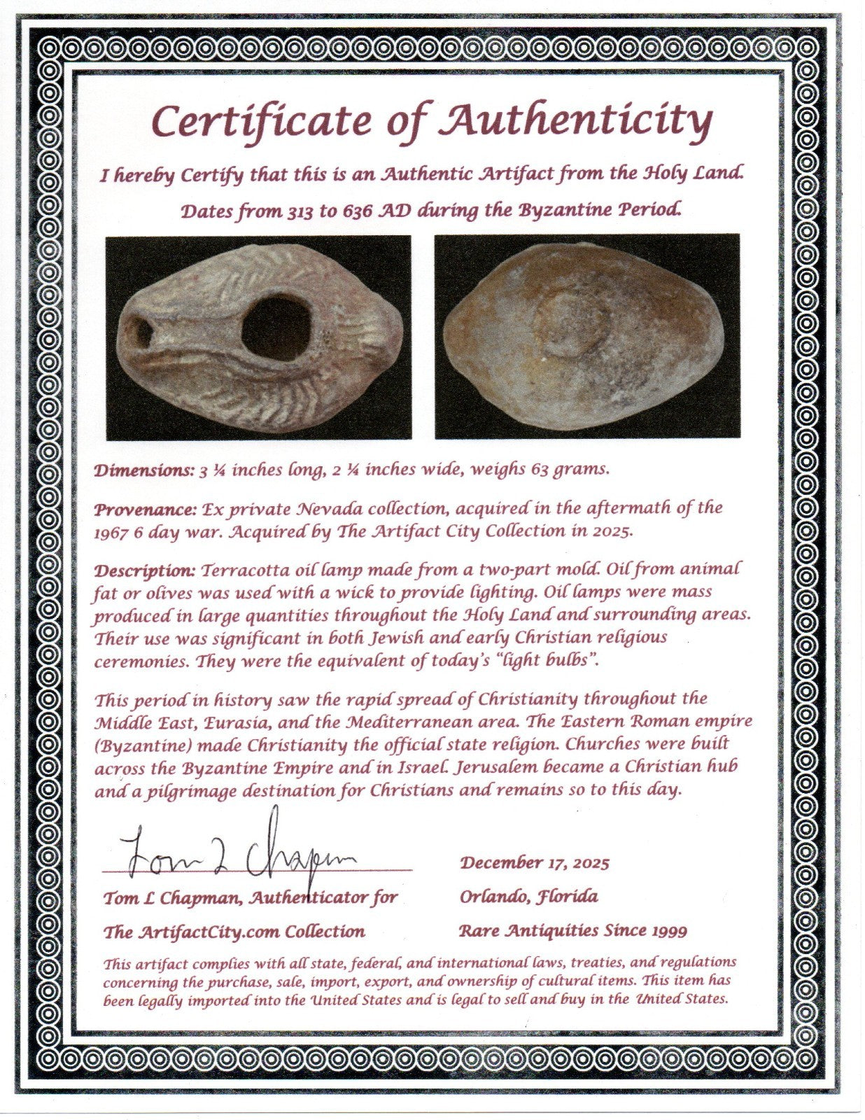 Holy Land Oil Lamp Ancient Artifact Time of the Christians 313-636 AD COA 178