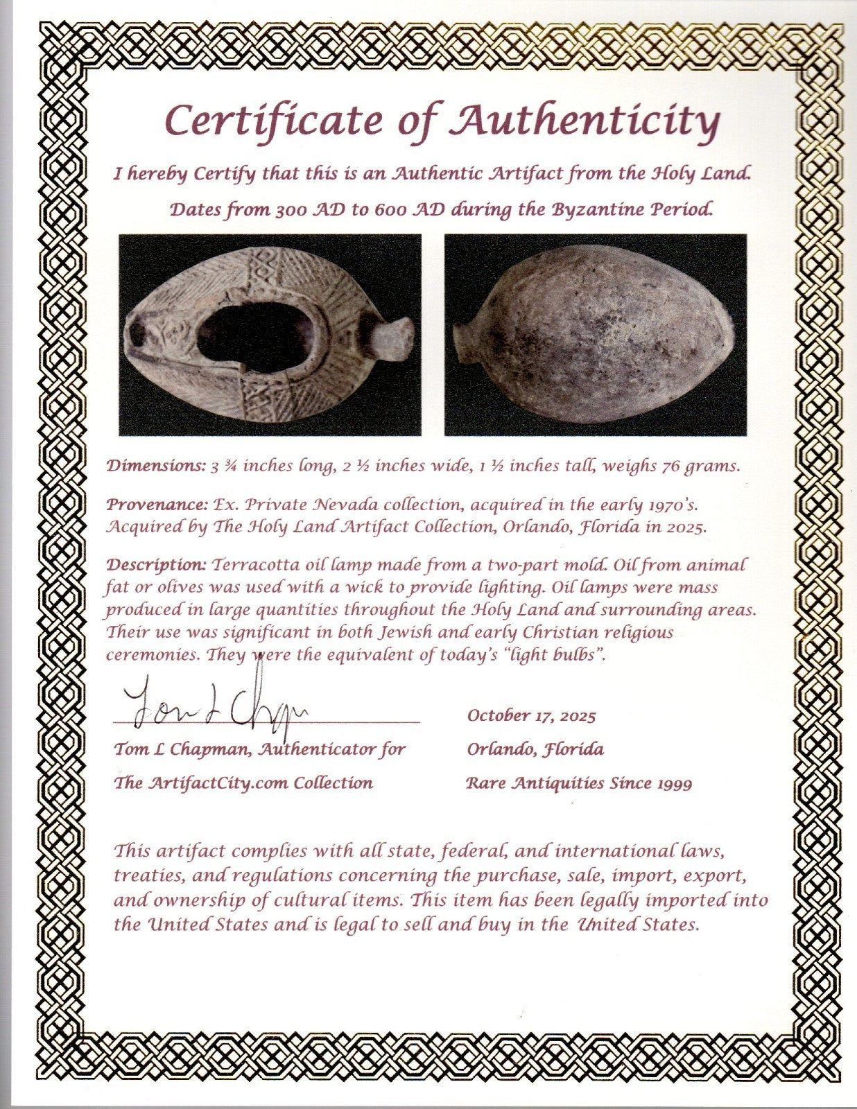Oil Lamp Holy Land Ancient Artifact Jesus Christ Home Israel 300-600 AD COA 128