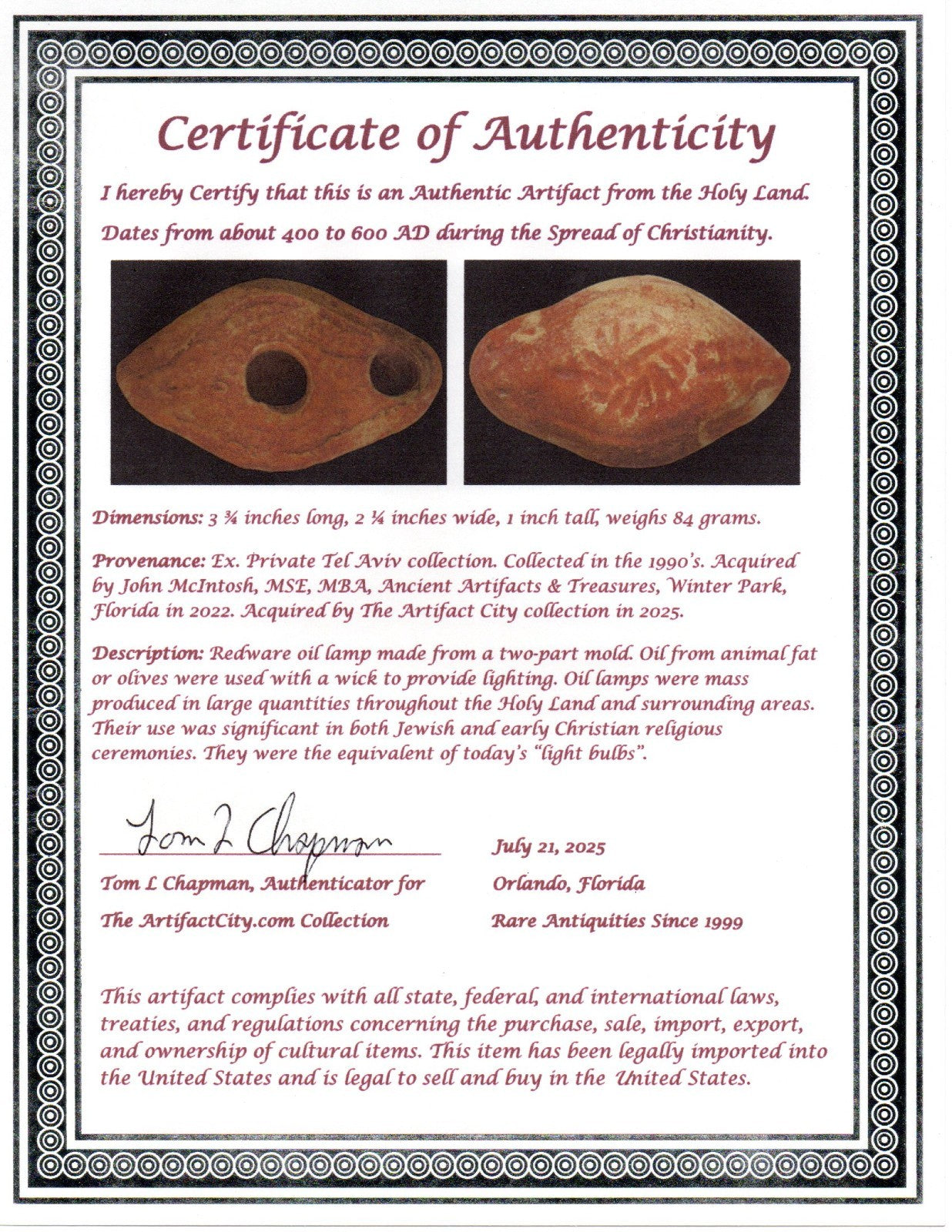 Ancient Holy Land Oil Lamp Artifact  From Jesus Christ Homeland 400-600AD COA 38